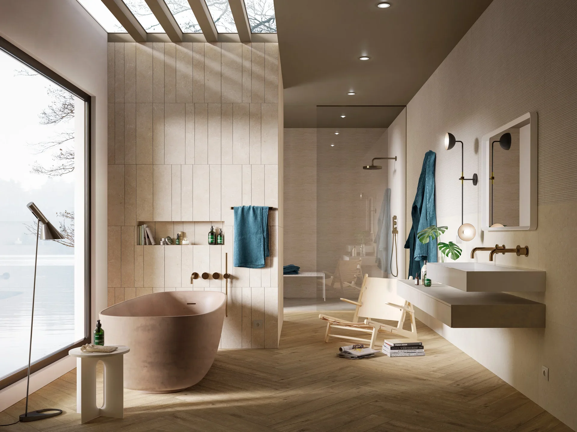 Luxurious bathroom interior featuring the Boffi I Fiumi ST vanity and elegant Marazzi porcelain surfaces, supplied by PietraCasa.