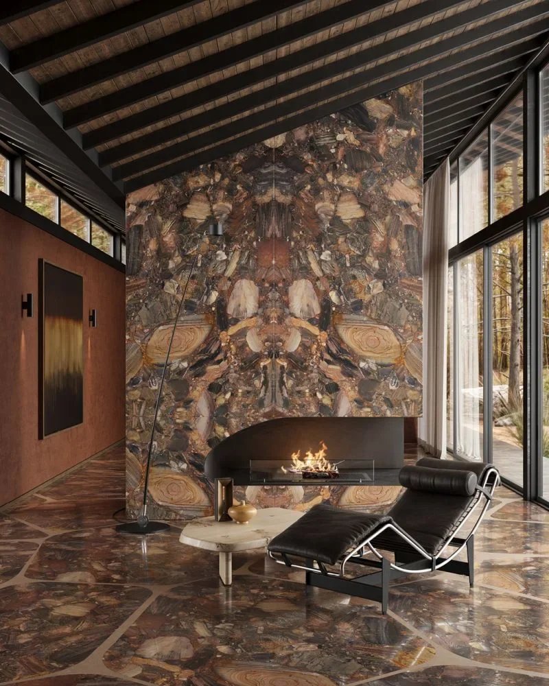 Luxury interior space featuring Margraf's Four Seasons, an exotic Brazilian purple quartzite, bookmatched on a statement wall and used for flooring, supplied by PietraCasa.