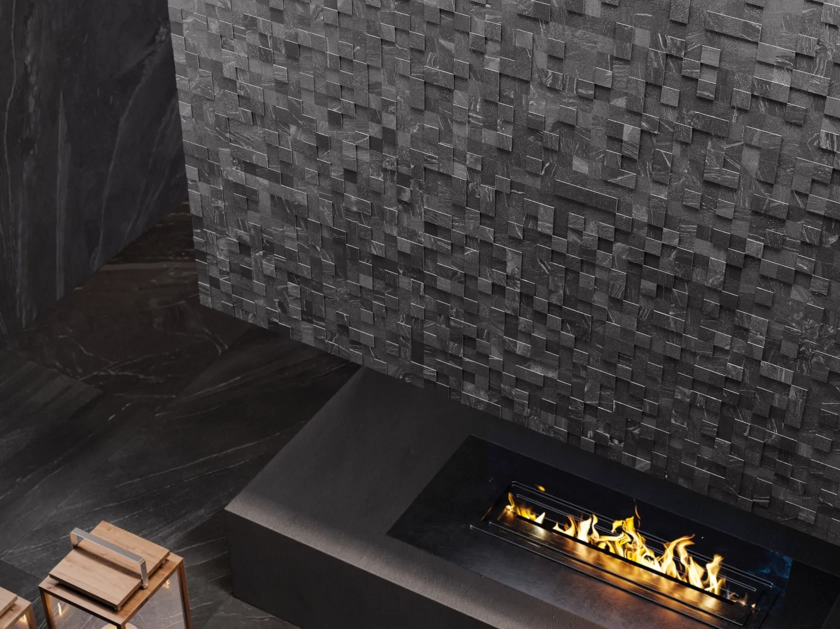 Striking three-dimensional stone-effect wall featuring the Fjord Creek Mosaico porcelain tile by Italgraniti, expertly supplied by PietraCasa.