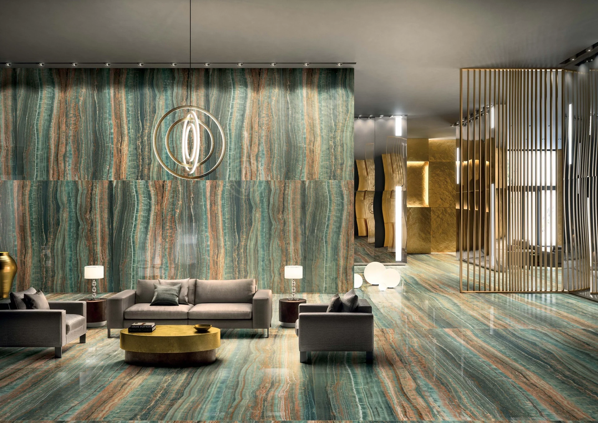 Sophisticated interior space featuring the Florim Eccentric Luxe collection in the Mint colorway with a striking glossy finish, expertly supplied and installed by PietraCasa.