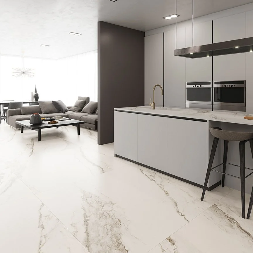 Tranquil contemporary bathroom featuring Inalco Atalaia collection surfaces, providing seamless, large-format detailing across floors and walls, exclusively distributed in the UK by PietraCasa.