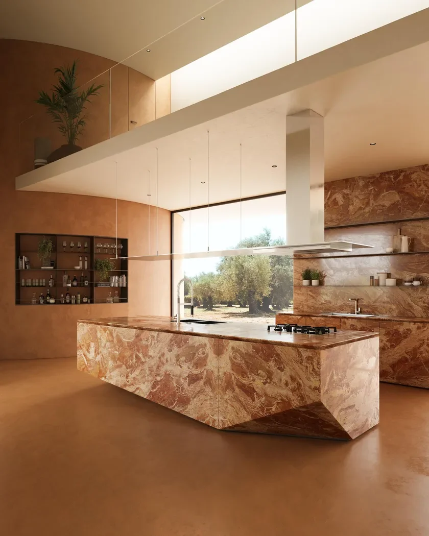 Luxury kitchen island and countertops featuring Breccia Bohemien, a striking Italian marble from Tuscany with bold rust-orange and white veining, supplied by PietraCasa.