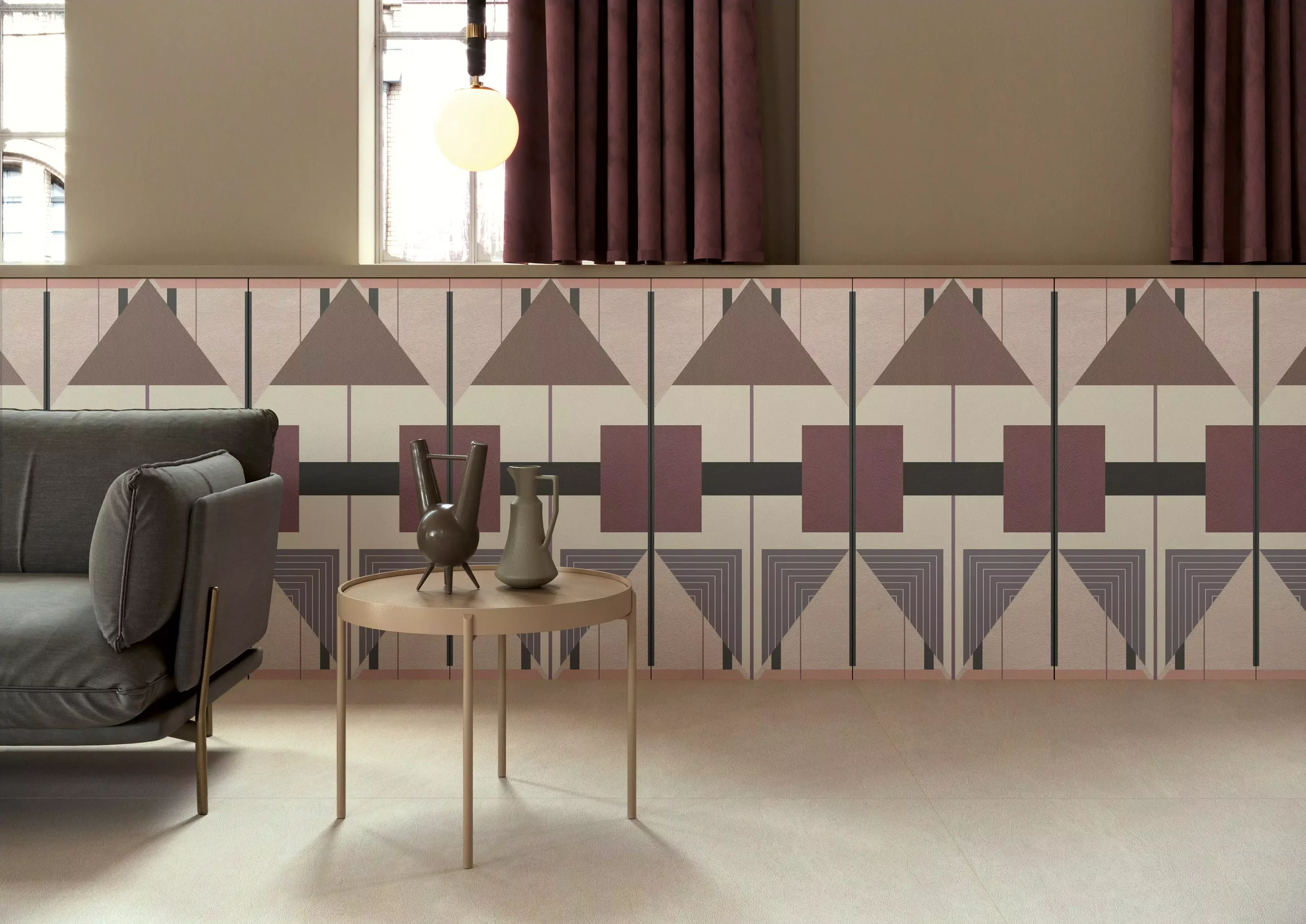 Artistic interior featuring the Chimera collection by Elena Salmistraro for CEDIT, specifically the 'Decoro Radici' pattern in matte porcelain stoneware, supplied and installed nationwide by PietraCasa.