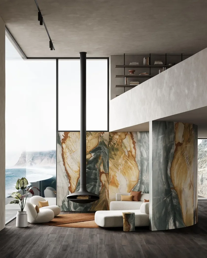Luxurious living room interior featuring Polaris Gold natural stone by Margraf, characterized by dramatic golden and grey veining, supplied by PietraCasa.