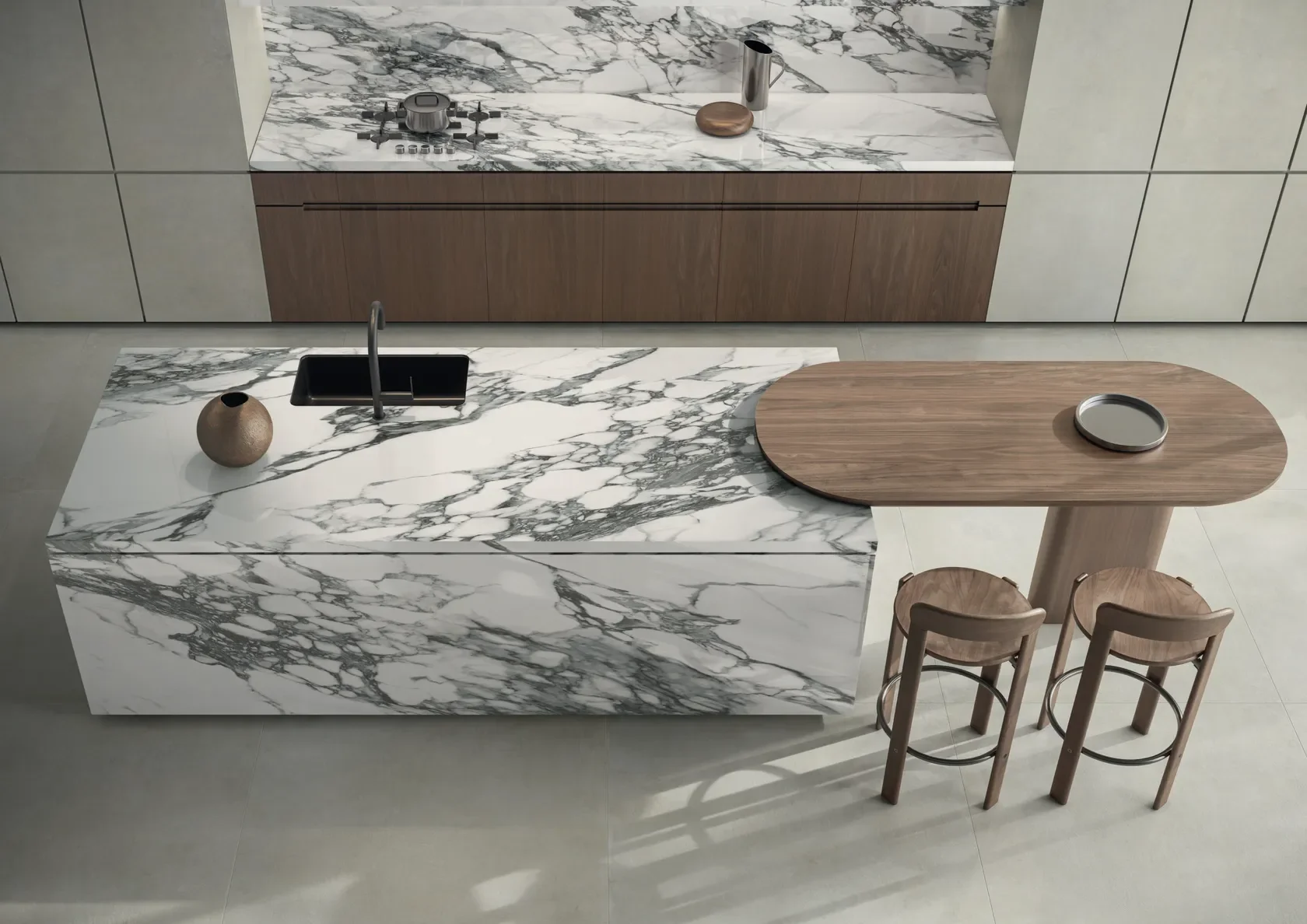 Ultra-modern luxury kitchen featuring striking Italstone Arabescato Corchia porcelain stoneware on the island and backsplash, contrasted by warm wooden bar stools and an integrated wooden peninsula table, available through PietraCasa.