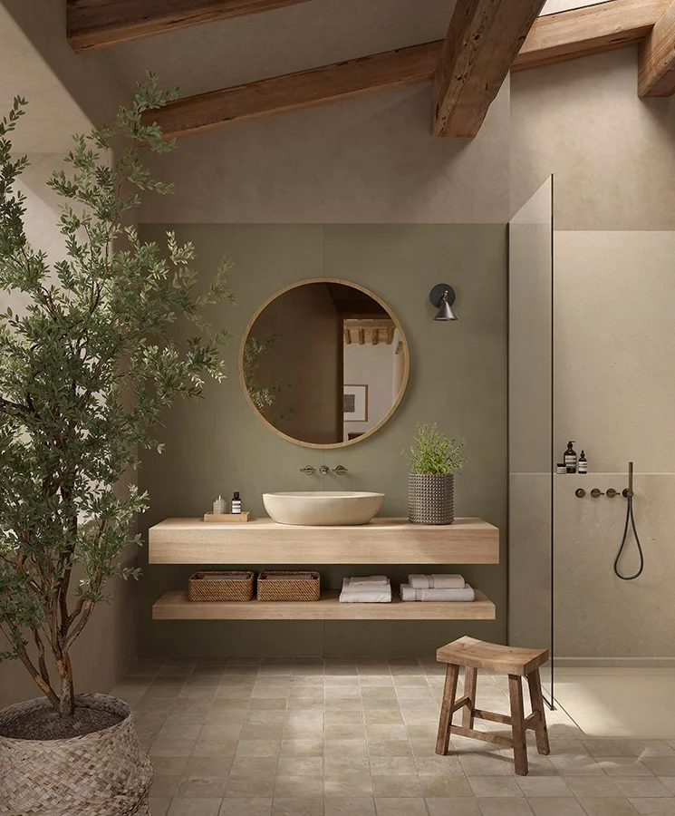 A bathroom featuring a serene, earthy palette designed by Kronos Ceramiche, characterized by large-format porcelain stoneware walls, available through PietraCasa.