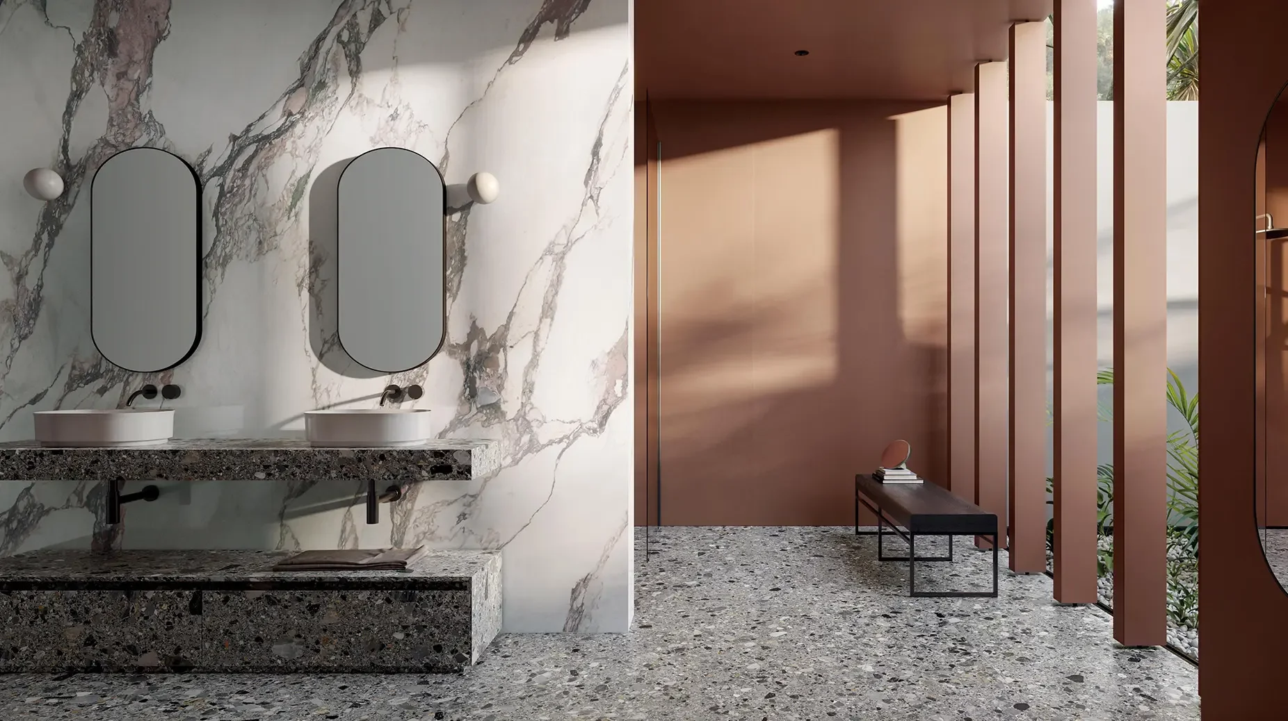Luxurious modern bathroom featuring Italgraniti porcelain stoneware from the Charm Experience collection, showcasing a Calacatta Pink high-gloss feature wall and contrasting Ceppo Artistico vanity and floor, available through PietraCasa.
