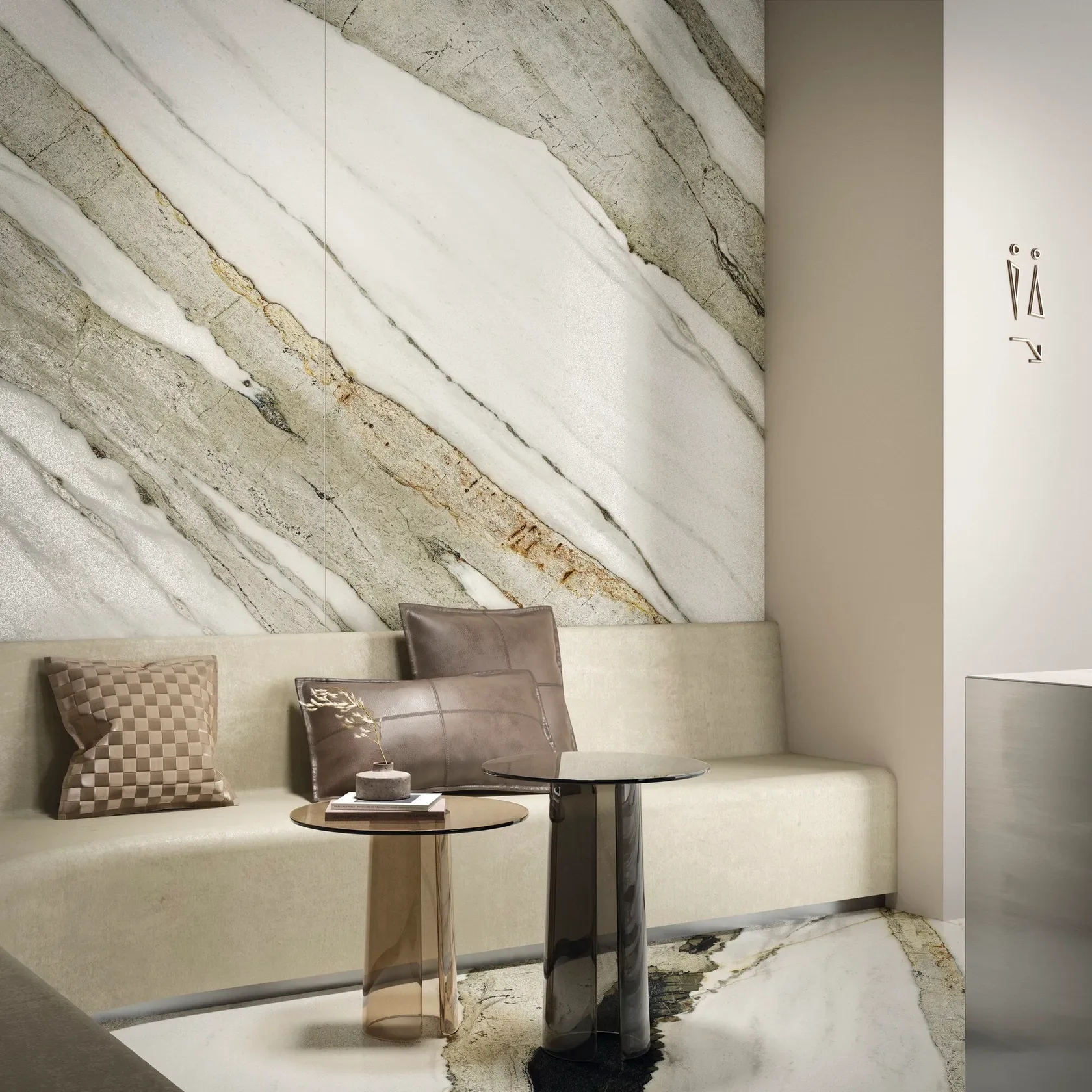 Luxurious interior featuring FMG Marmi MaxFine Palissandro Blue polished large-format porcelain tiles, showcasing rich grey and blue veining that mimics natural marble, expertly supplied and installed by PietraCasa.
