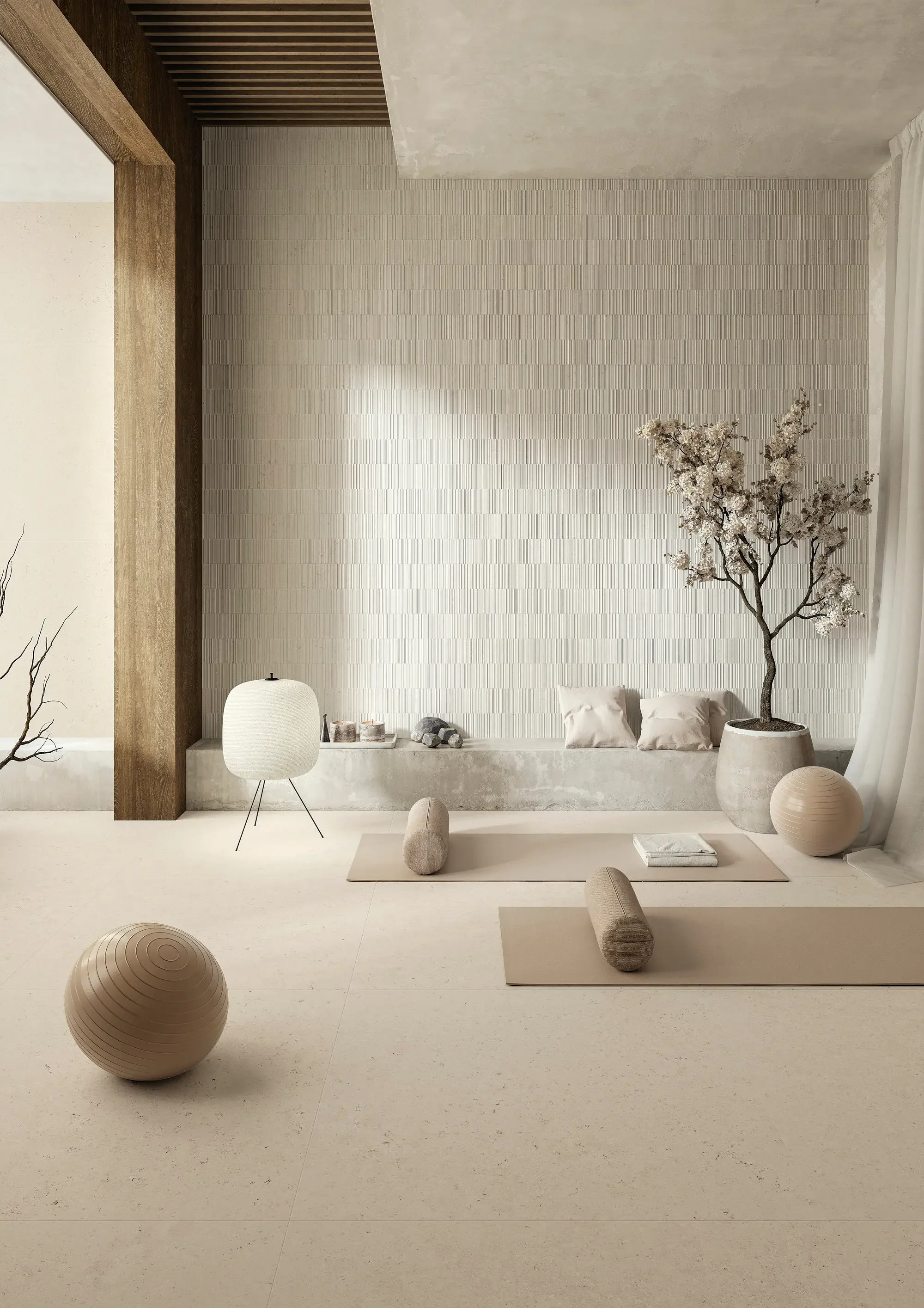Serene wellness and spa interior featuring Ariostea Elementae porcelain stoneware tiles, inspired by Portuguese limestone, supplied and installed nationwide by PietraCasa.