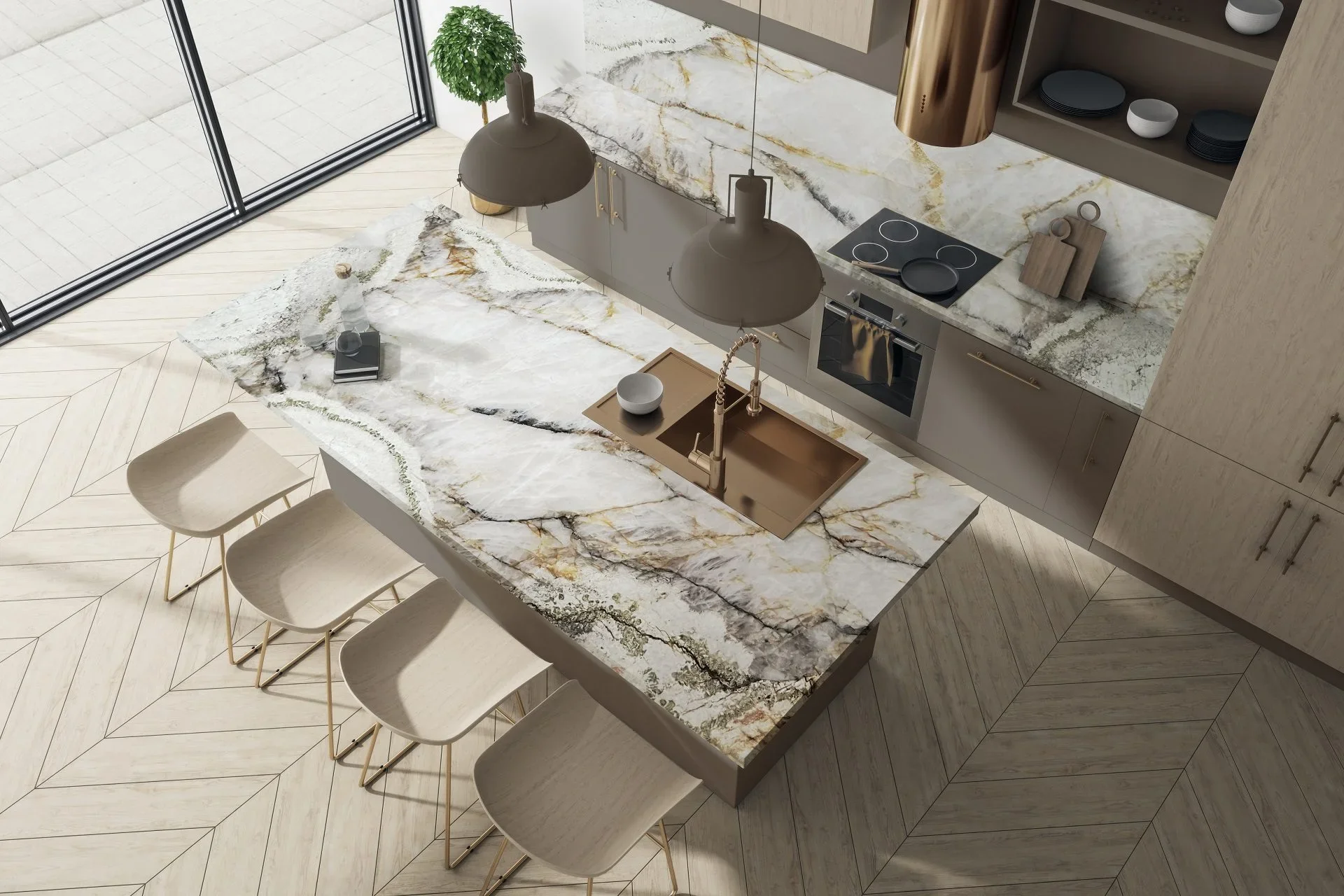 Kitchen island and countertops featuring the Patagonia Vitrum natural quartz surface by Antolini, characterized by its neutral high-altitude rock formation aesthetic, supplied by PietraCasa.