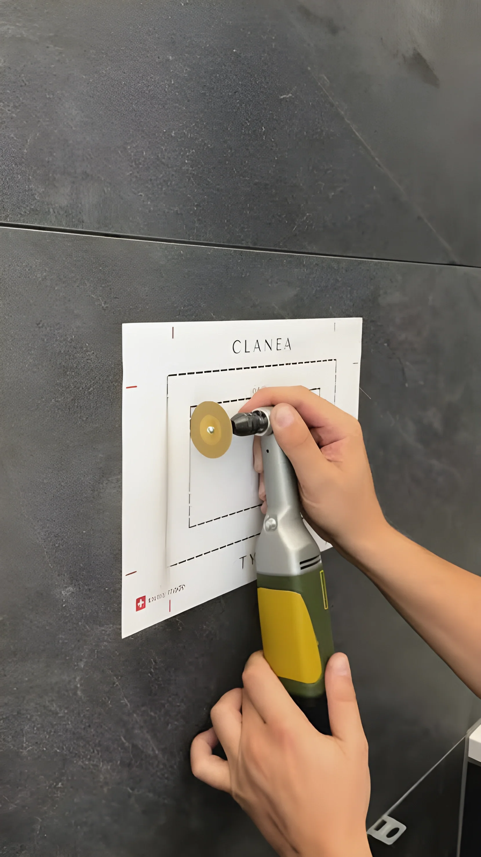 Precision tile cutting using a Clanea installation template to ensure accurate openings for bathroom fixtures, supplied and installed by PietraCasa.