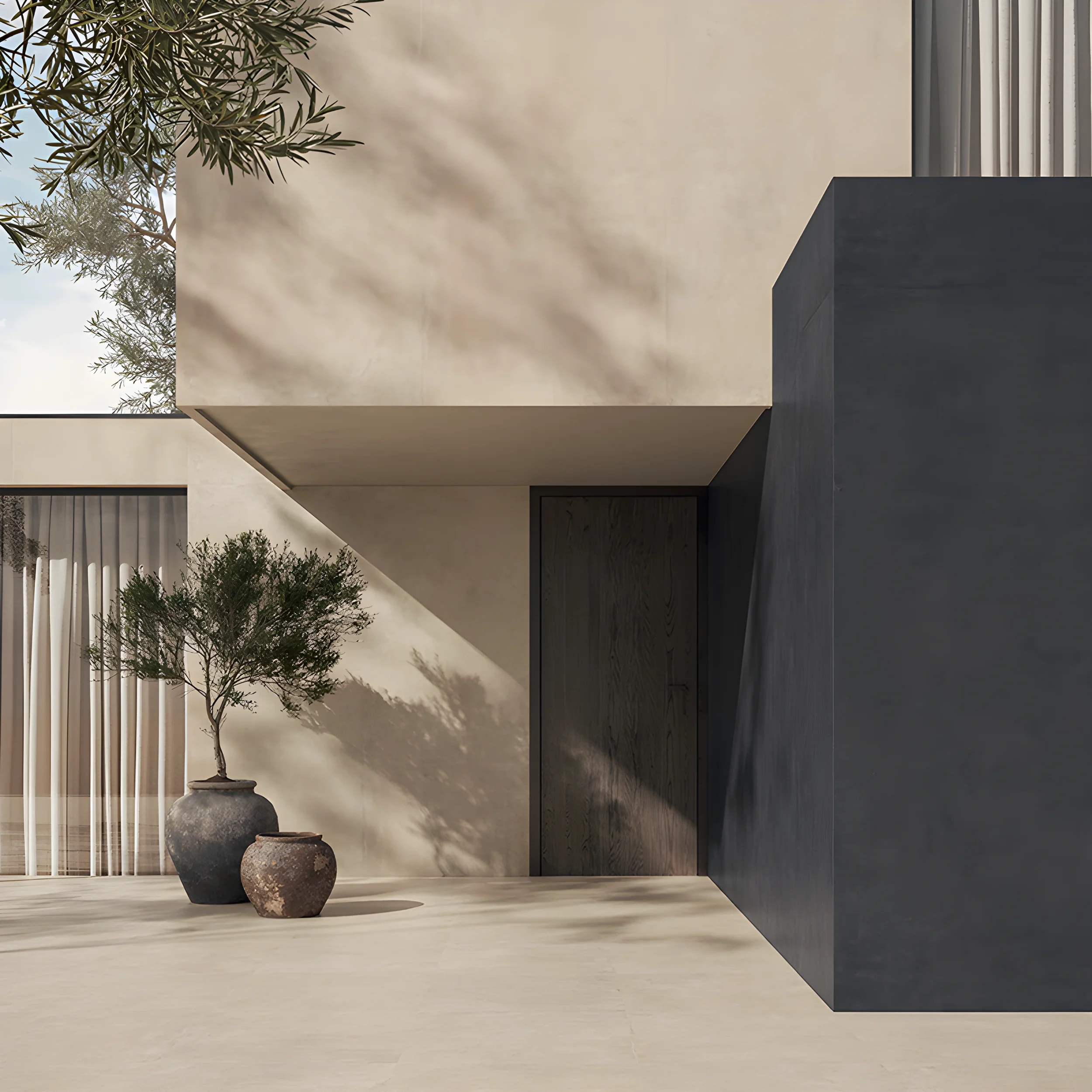 Modern exterior architectural design featuring the Concrete Cream shade by Impronta Ceramiche on walls and outdoor flooring, supplied and installed by PietraCasa.