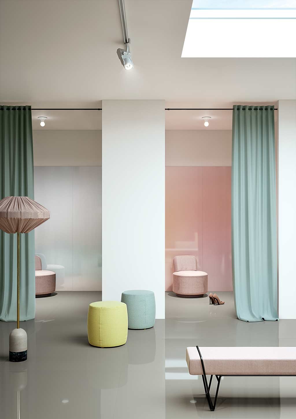 Luxury retail space featuring Florim Cedit Cromatica large-format porcelain stoneware panels on walls and floors, showcasing a sophisticated pastel color palette, supplied and installed nationwide by PietraCasa.