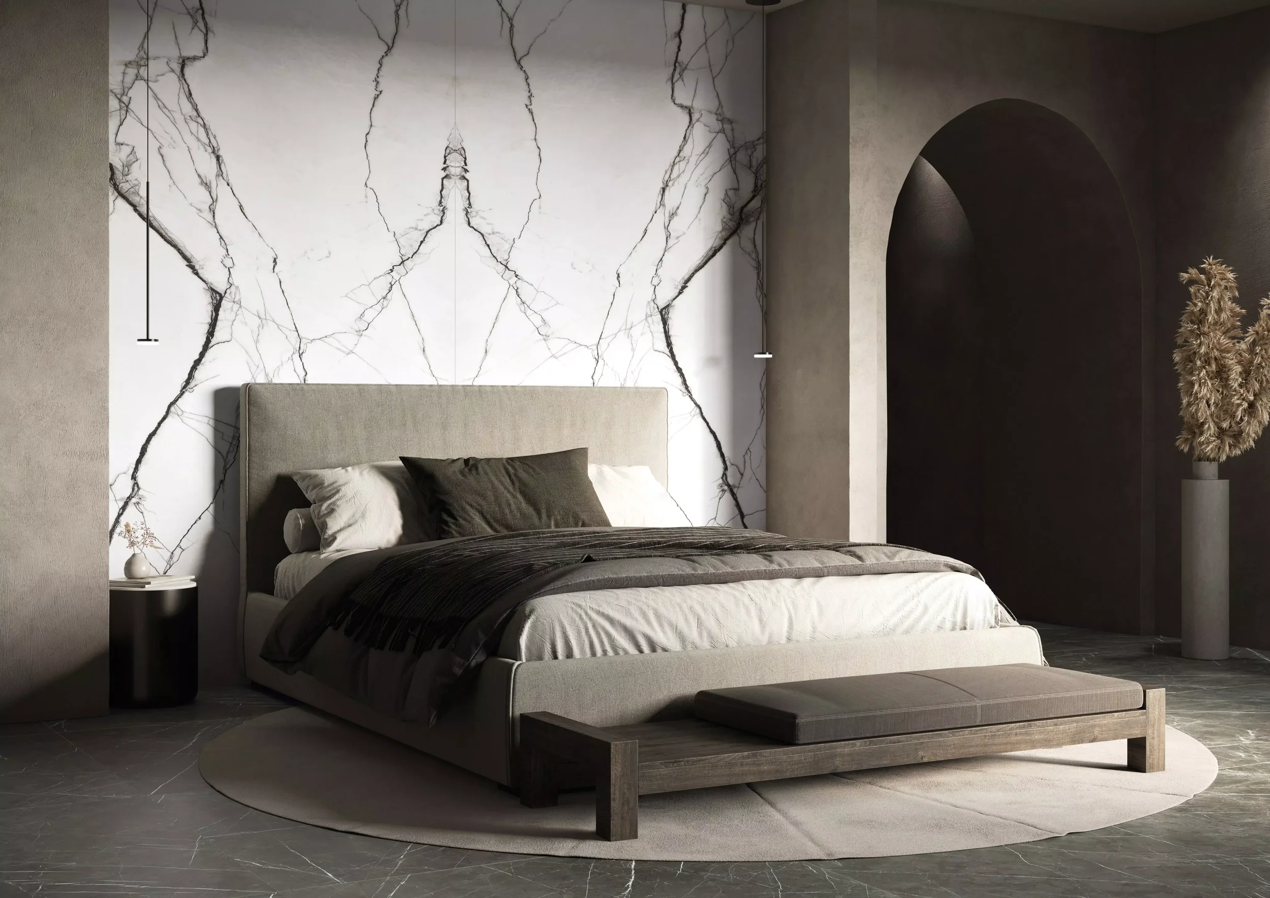 Sophisticated bedroom design featuring a striking accent wall with Marble Breach porcelain stoneware slabs from the Florim stone collection, expertly supplied and installed by PietraCasa.