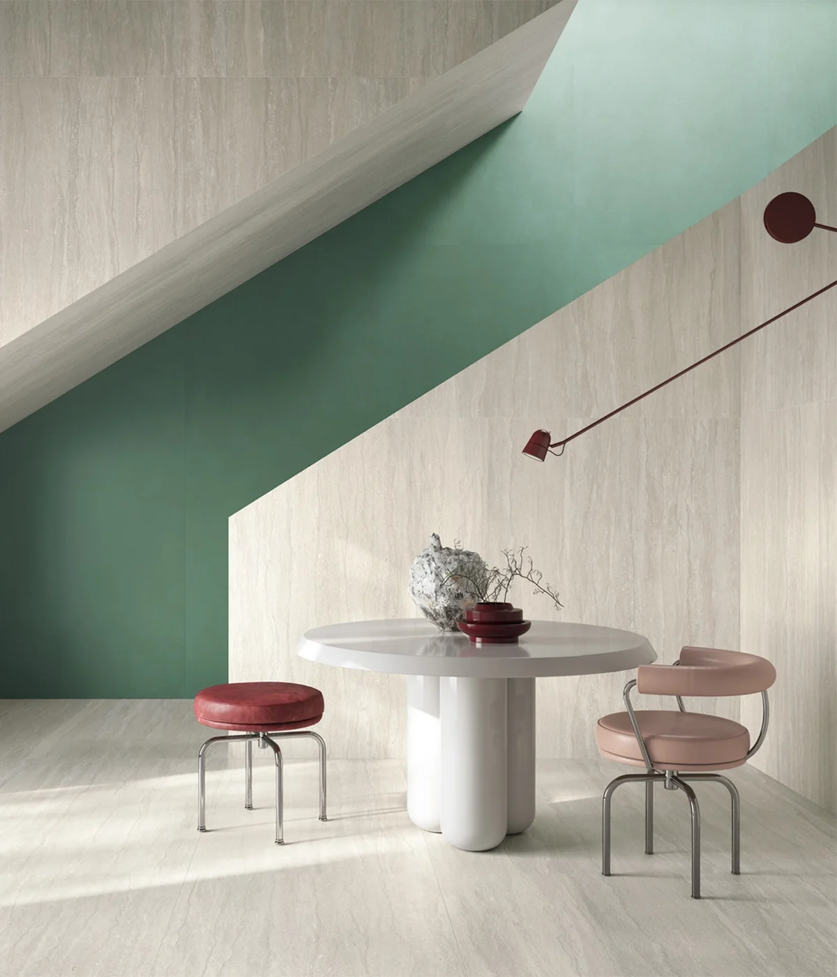Striking contemporary interior space featuring the Italgraniti Dorset Bianco Vein Cut porcelain stoneware collection, showcasing a sophisticated, linear stone texture, available through PietraCasa.