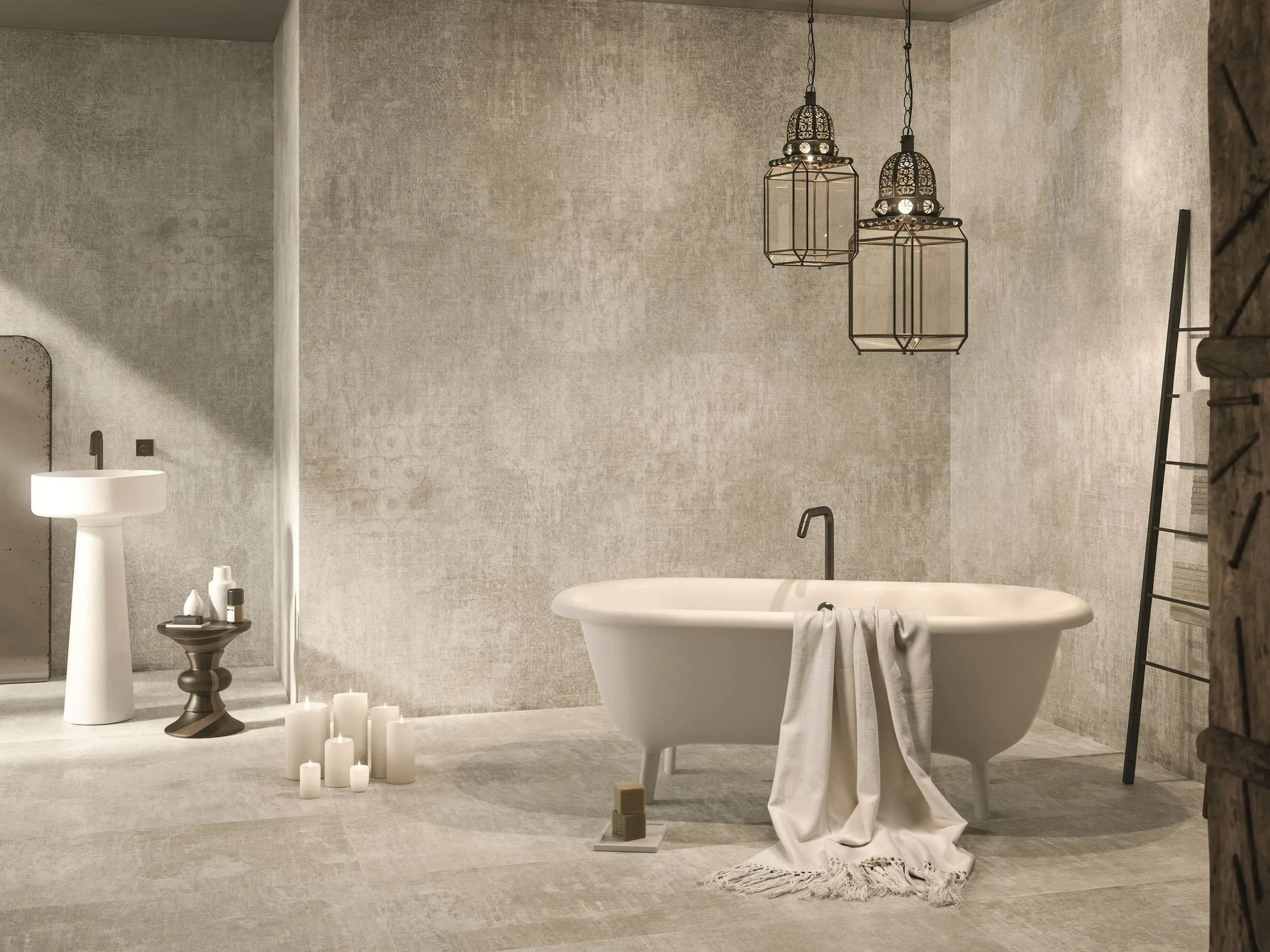 Modern bathroom setting featuring large-format porcelain stoneware tiles from the Tesori collection by Cedit - Ceramiche d'Italia, supplied and installed nationwide by PietraCasa.