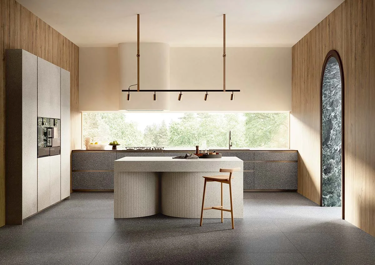 Minimalist kitchen concept featuring SapienStone premium porcelain stoneware surfaces from the Il Veneziano collection, an elegant reinterpretation of classic Venetian terrazzo, supplied by PietraCasa.