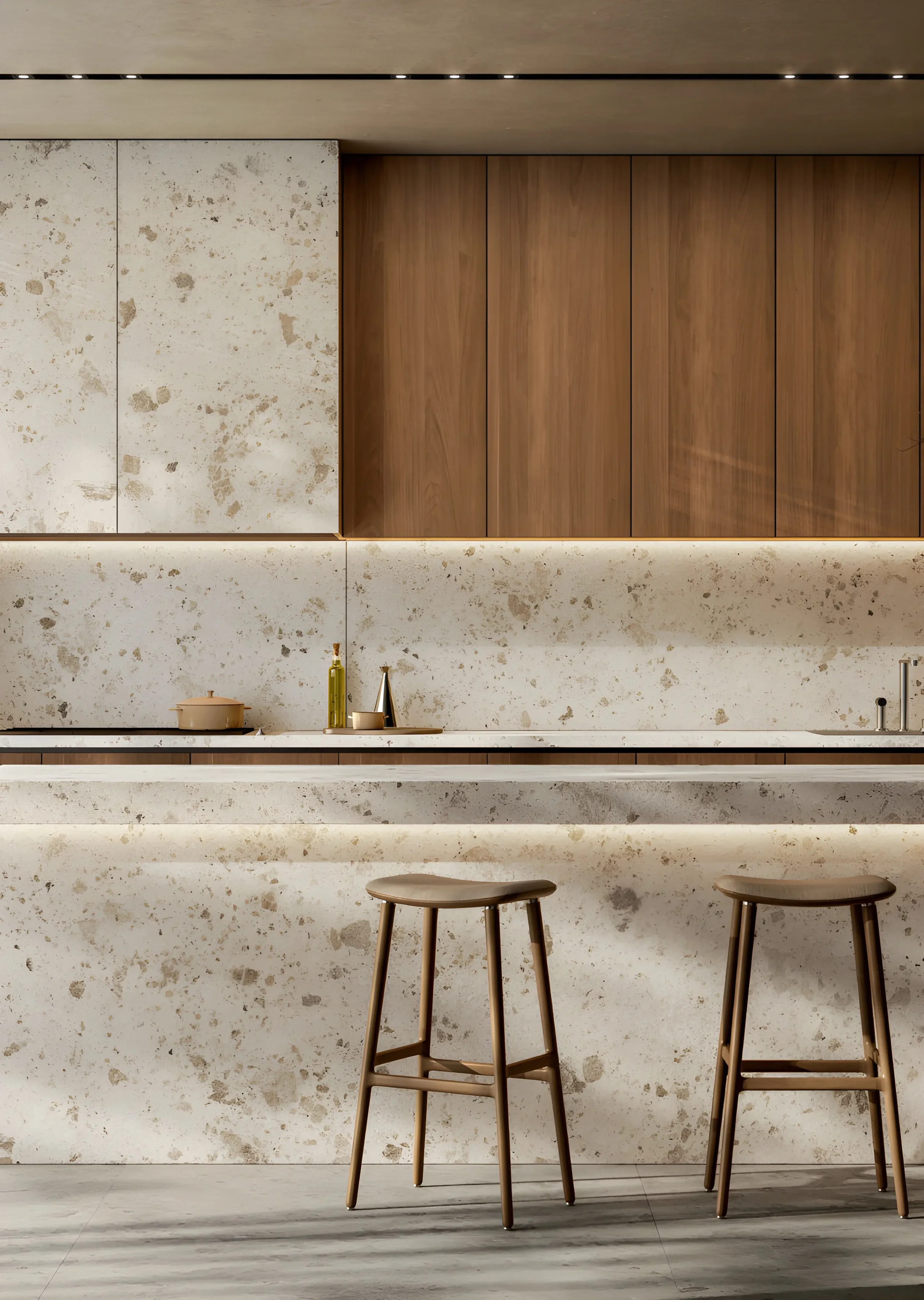 A modern kitchen design featuring Laminam large-format porcelain stoneware slabs, specifically the Rare Pietra di Grè Fine DNA surface, available through PietraCasa.