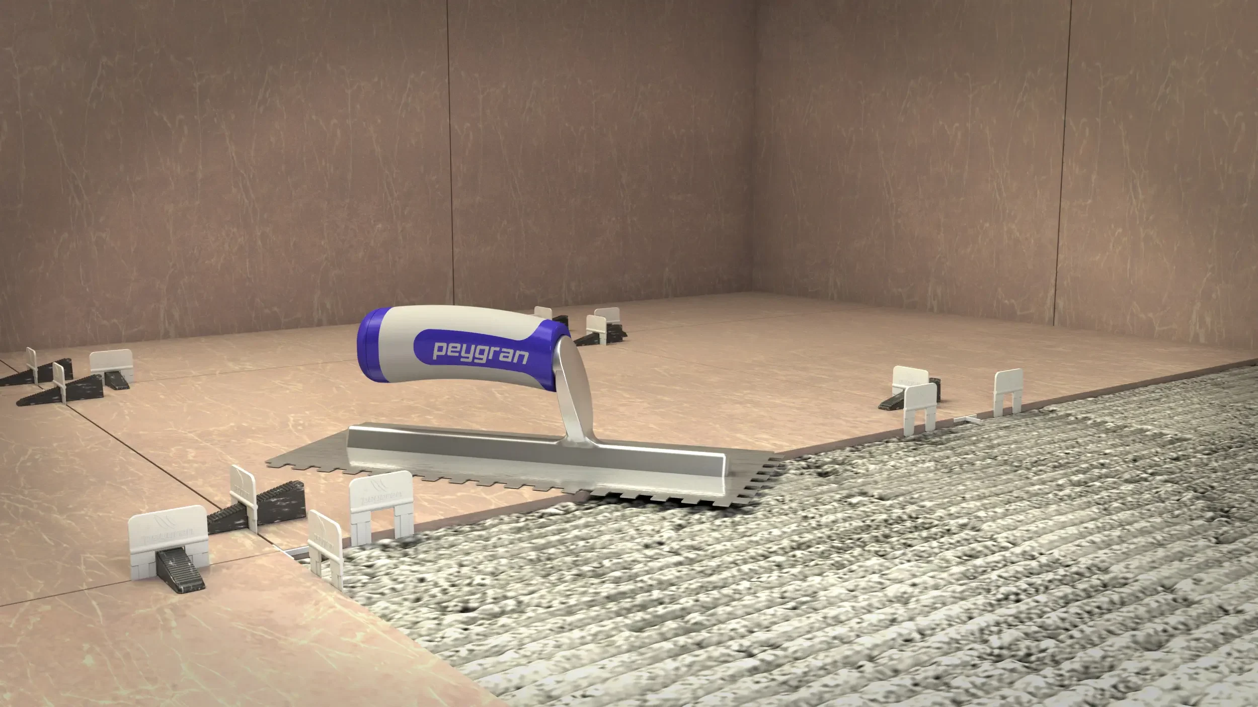 3D render of a professional tile installation process featuring a Peygran notched trowel and tile leveling system, ensuring a high-quality, lippage-free finish for PietraCasa clients.