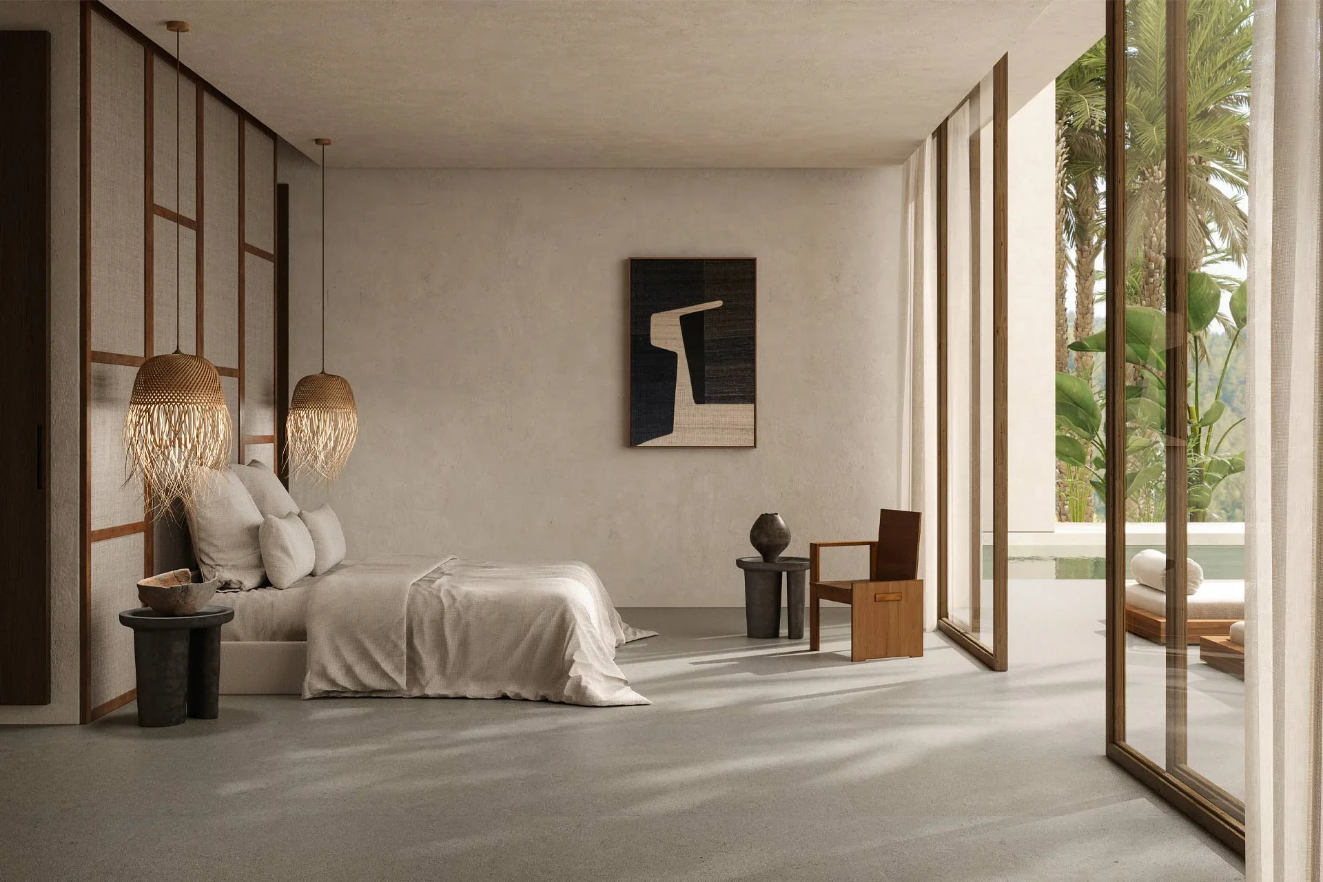 Serene bedroom interior featuring Ariostea Elementae full-body porcelain stoneware flooring, designed to evoke the appearance of natural Portuguese limestone, supplied and installed nationwide by PietraCasa.