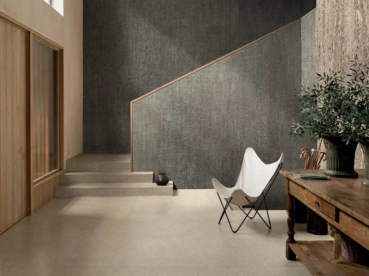 Modern interior space featuring Florim Rinascenza porcelain tiles on both the floor and the wall, expertly supplied and installed by PietraCasa.