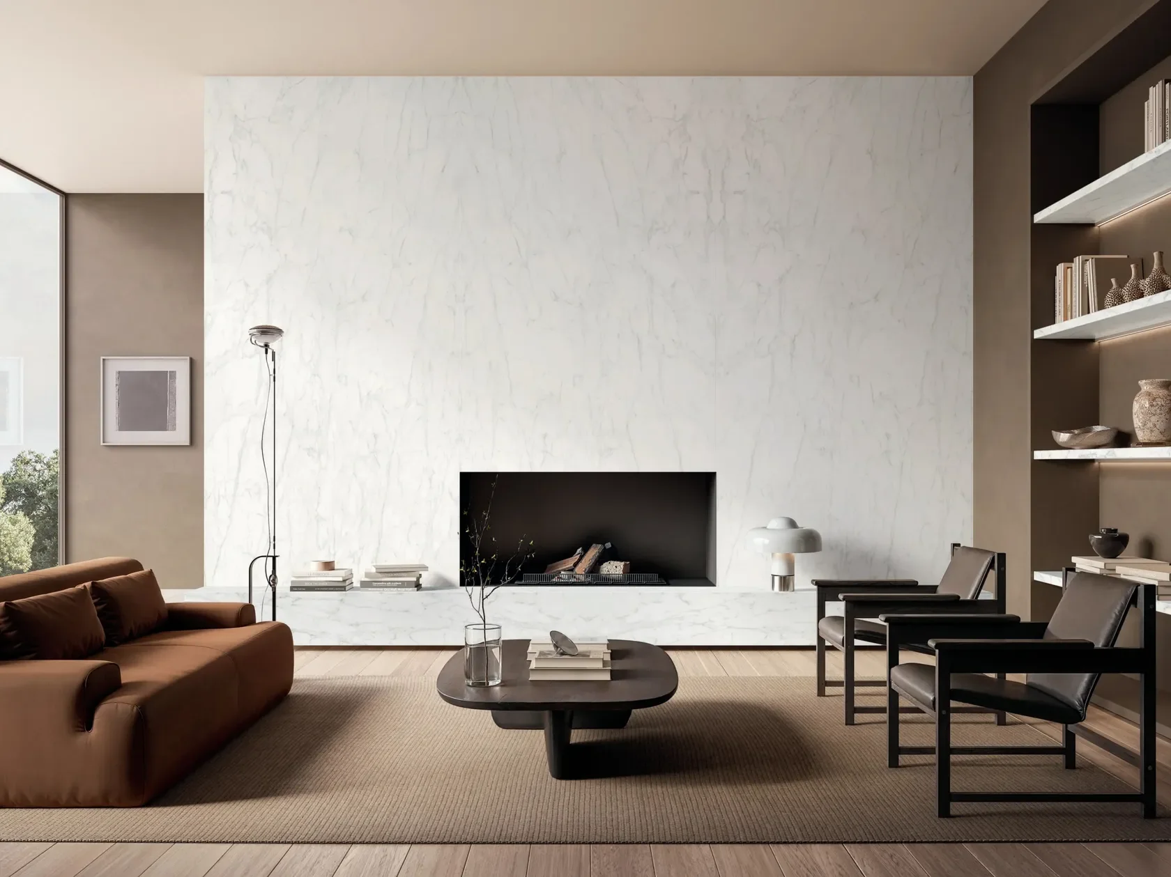 Modern living room feature wall crafted from Italstone Calacatta Caldia large-format antibacterial porcelain slab, available through PietraCasa.