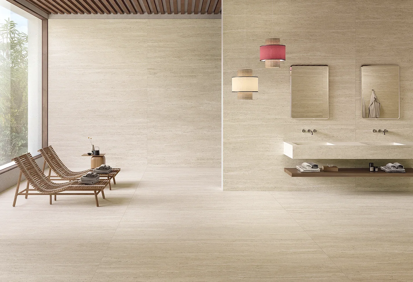 Luxury spa and bathroom interior featuring Ceramiche Keope's Omnia porcelain stoneware in Tivoli Ivory, creating a warm, natural travertine aesthetic, available through PietraCasa.
