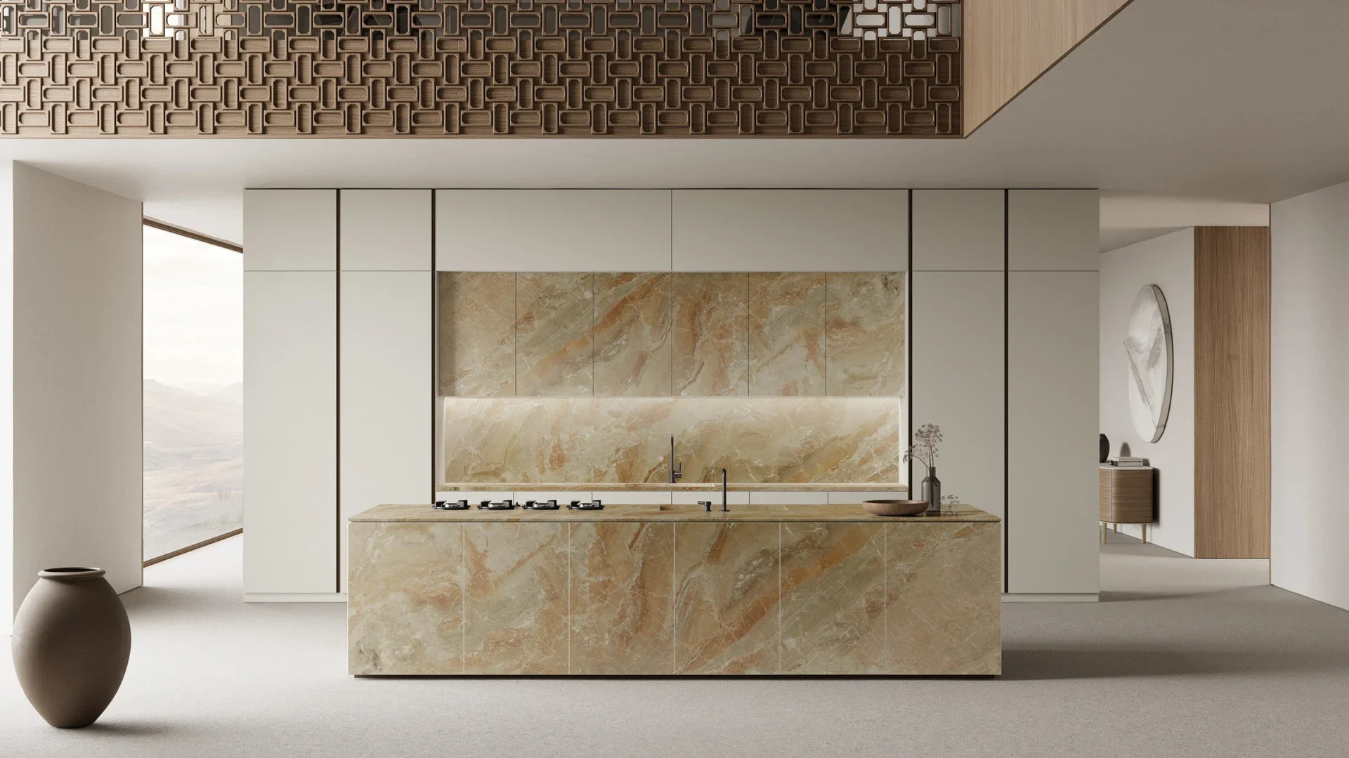 Minimalist kitchen design featuring Breccia Oniciata marble by Margraf, highlighting the warm, distinct veining on the island and backsplash, supplied by PietraCasa.