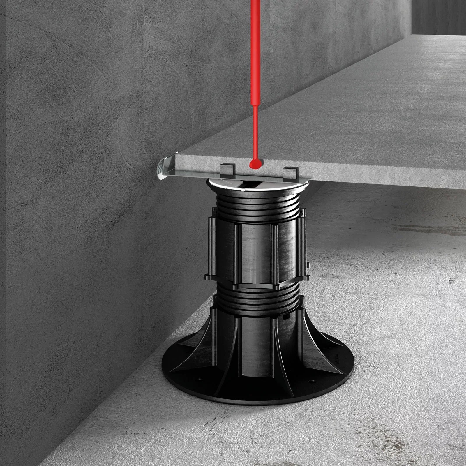 Detail view of the Eterno Ivica SE series adjustable paving pedestal featuring a self-leveling head, engineered for stable raised floor installations on inclined surfaces, supplied and installed by PietraCasa.