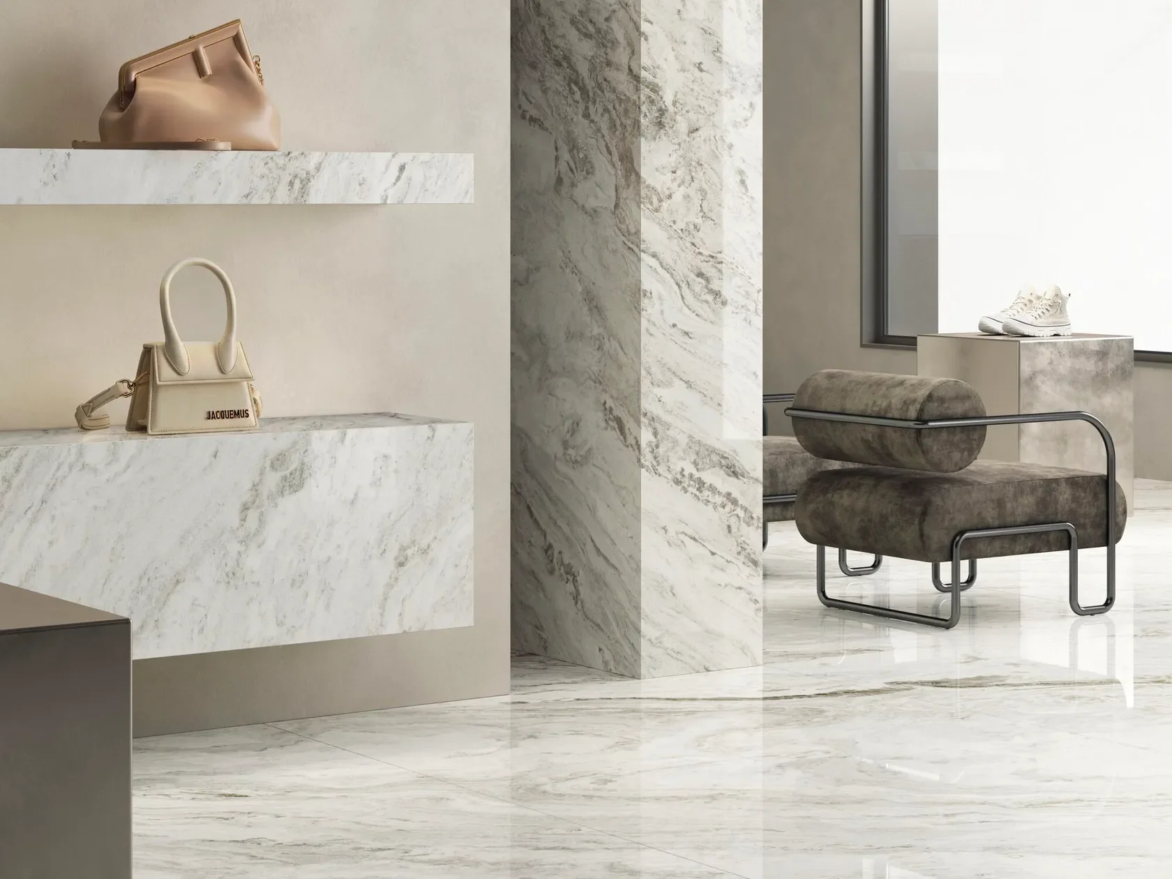 Luxurious interior featuring Marmi MaxFine Palissandro Blue large-format porcelain slabs by Italian manufacturer FMG Fabbrica Marmi e Graniti, expertly supplied and installed by PietraCasa.