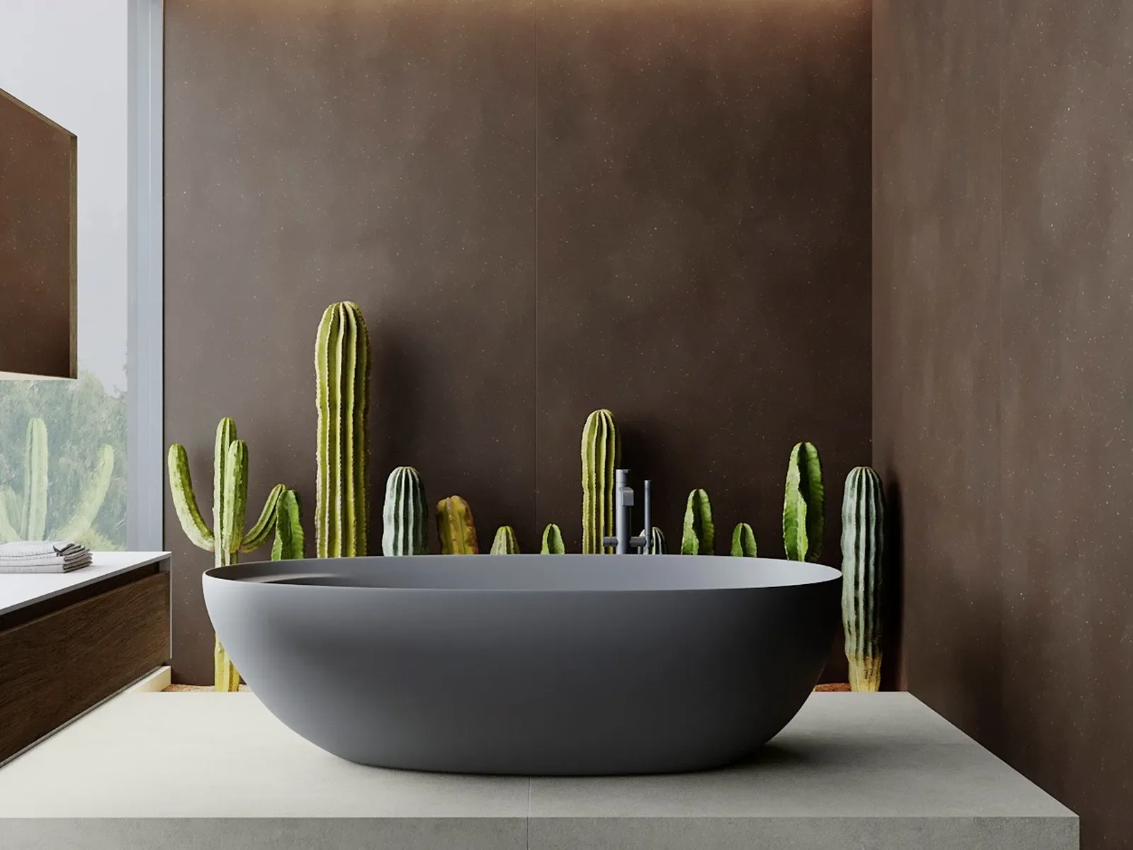 Modern bathroom featuring an Inalco Terra MDi wall, paired with a matte-grey freestanding stone bathtub and artistic, oversized cactus sculptures, exclusively distributed in the UK by PietraCasa.