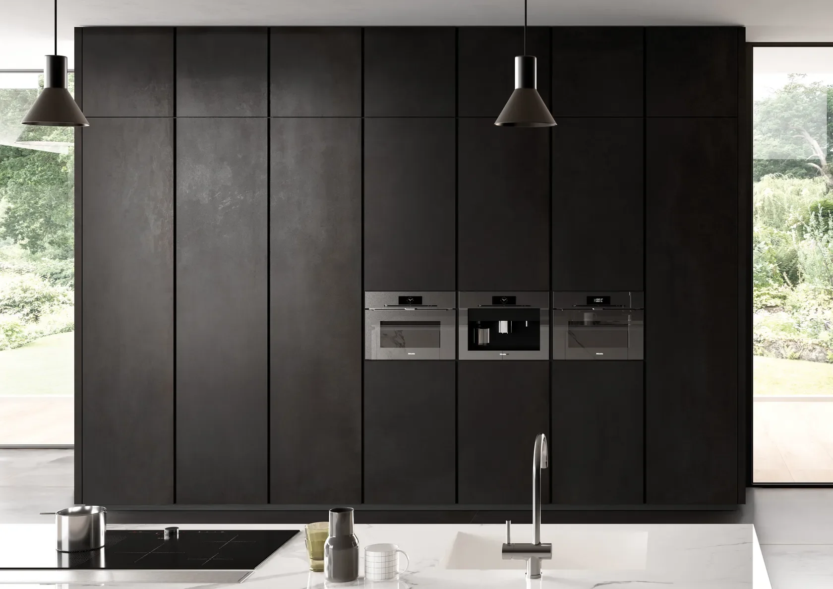 Modern kitchen featuring Metaline Iron porcelain slab cladding by Italstone, designed to replicate the oxidized, textured appearance of industrial metal, available through PietraCasa.