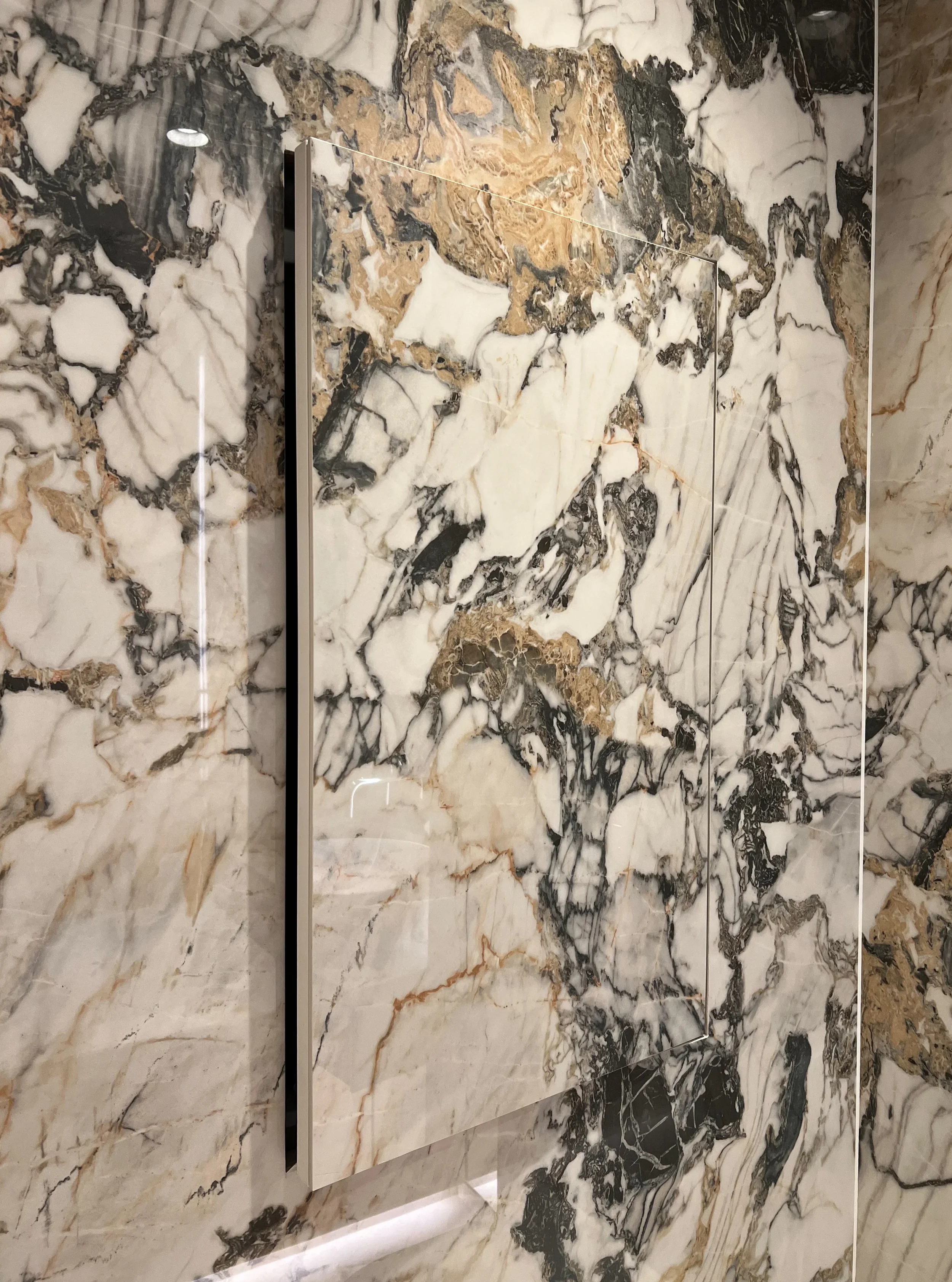 Flush-fit concealed cabinet integrated into a dramatic marble-effect porcelain slab wall