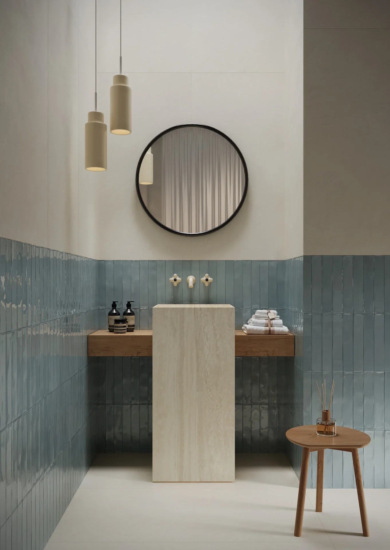 Bathroom space highlighting high-end materials from Italian manufacturer Marazzi, blending textured vertical wall coverings with smooth, earthy architectural elements, available through PietraCasa.