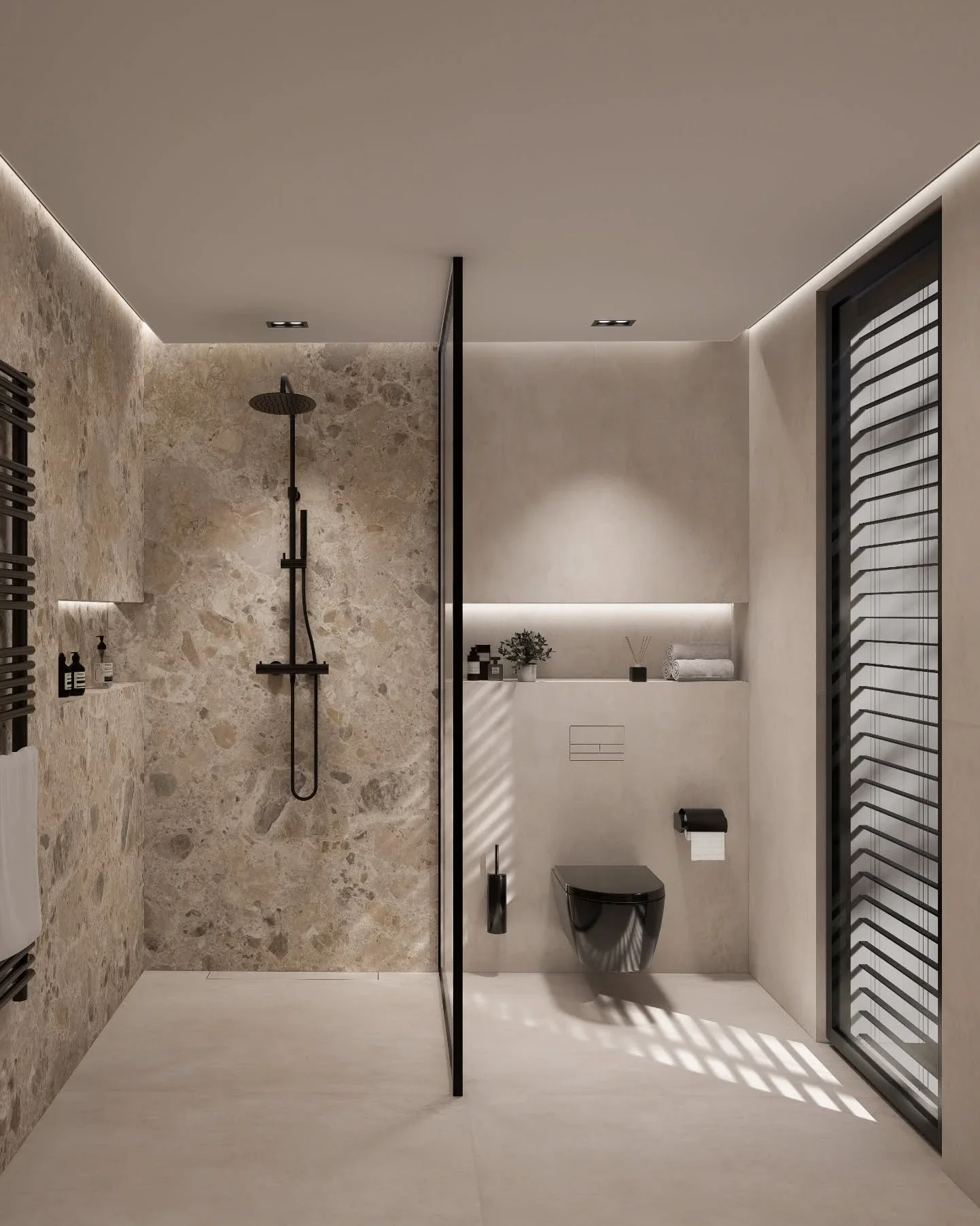 Ultra-modern minimalist bathroom featuring the innovative, Swiss-made Clanea PurePlate flush-mounted tileable toilet flush plate, supplied and installed by PietraCasa."