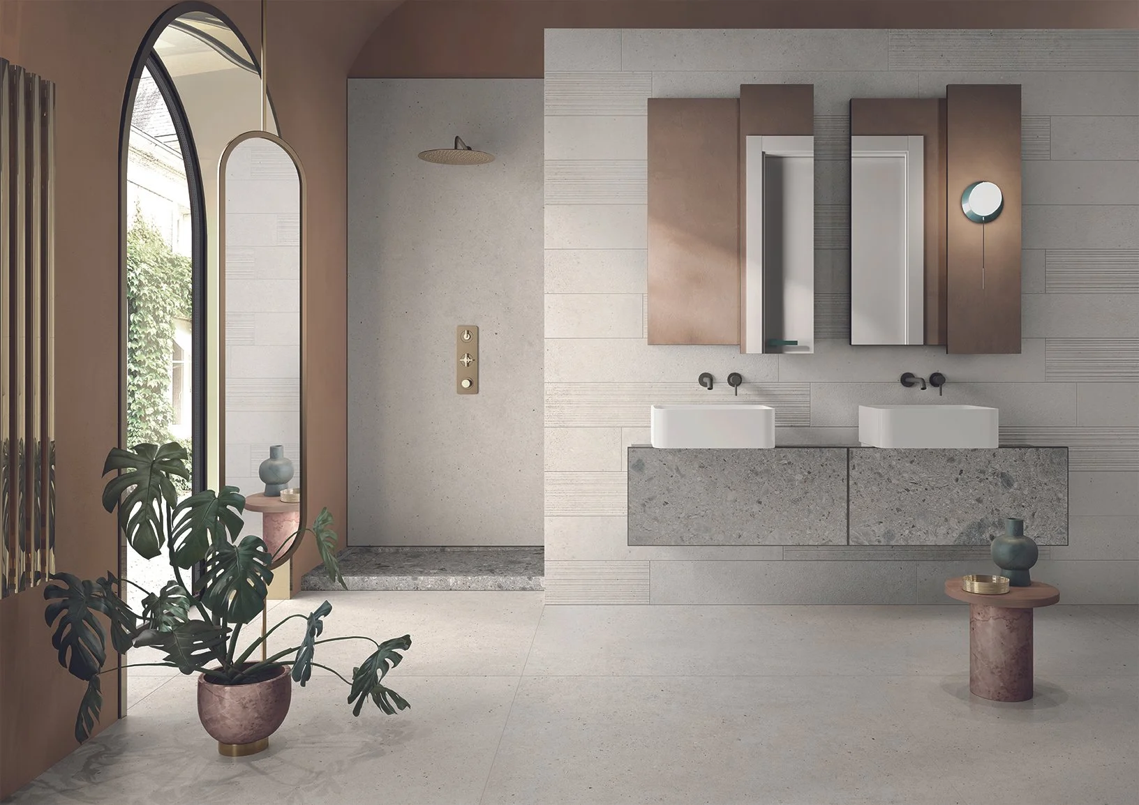 Modern, minimalist bathroom featuring Italgraniti Silver Grain and Ceppo di Gré porcelain stoneware, showcasing textured stone-effect and concrete-look finishes in a serene white palette, available through PietraCasa.
