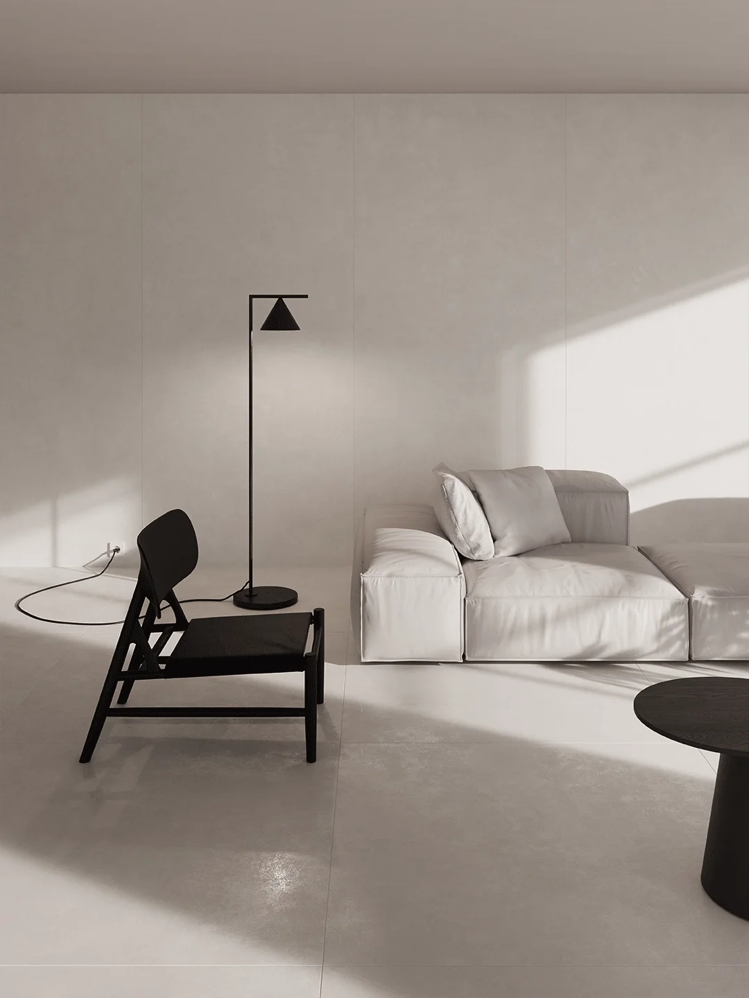 A contemporary lounge featuring Living Ceramics Floss Bone porcelain tiles, which recreate a polished micro-cement look, available through PietraCasa.