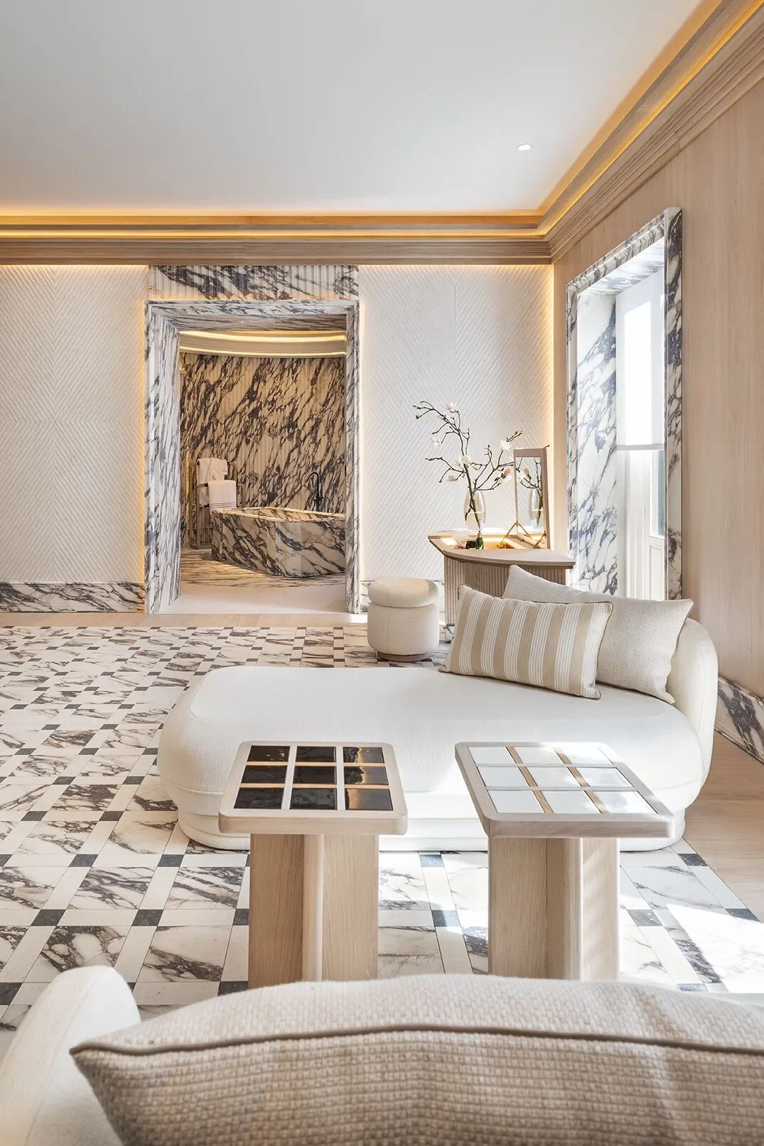 The 'Dress Code' suite designed by Jaime Beriestain Studio for Casa Decor, featuring Sapienstone Fior di Viola 4D ceramics and Parisian cabochon-style flooring, supplied by PietraCasa.