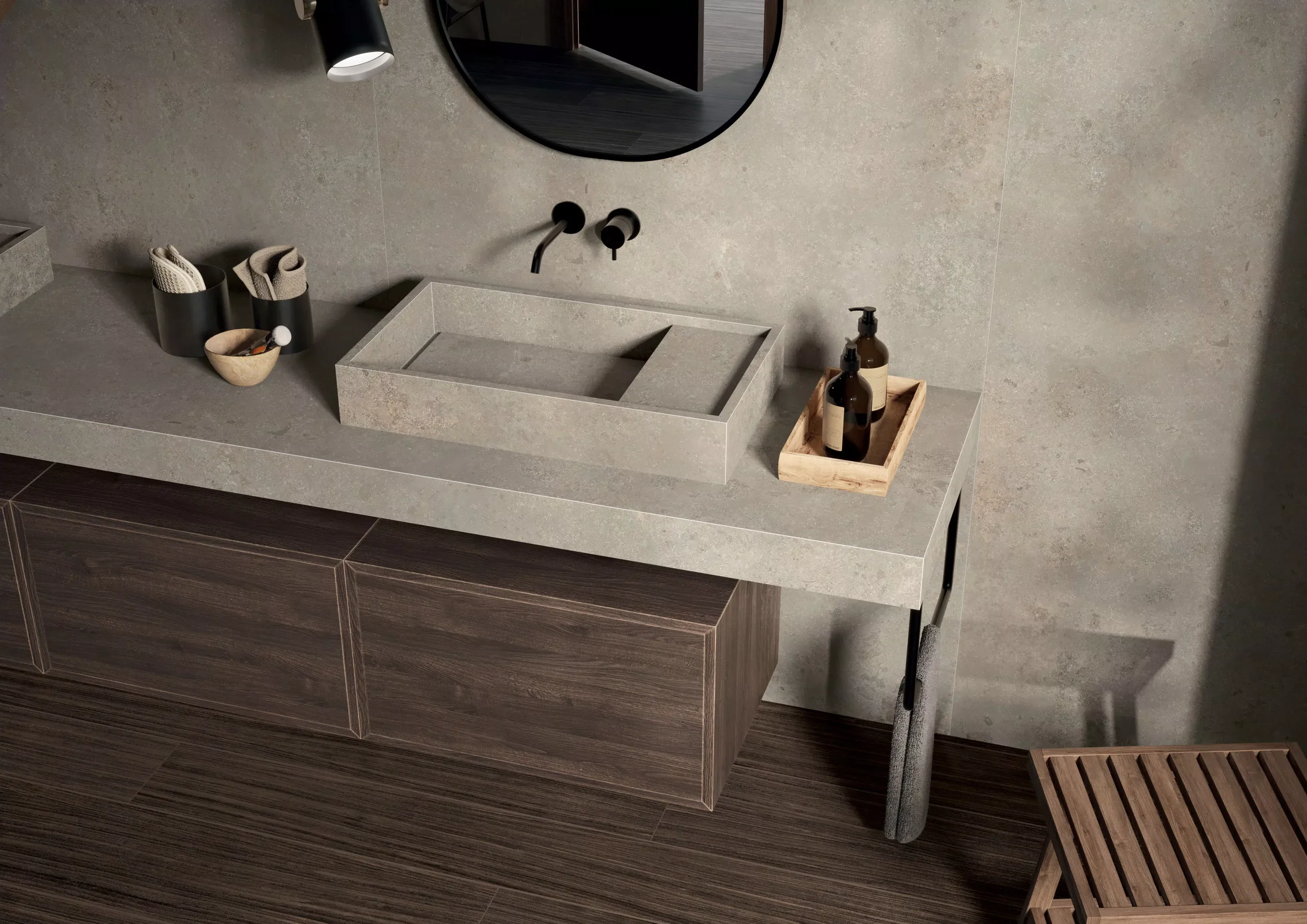 Modern bathroom featuring the versatile Florim Stone Jura fine porcelain stoneware collection, used for elegant furniture and architectural surfaces, expertly supplied and installed by PietraCasa.