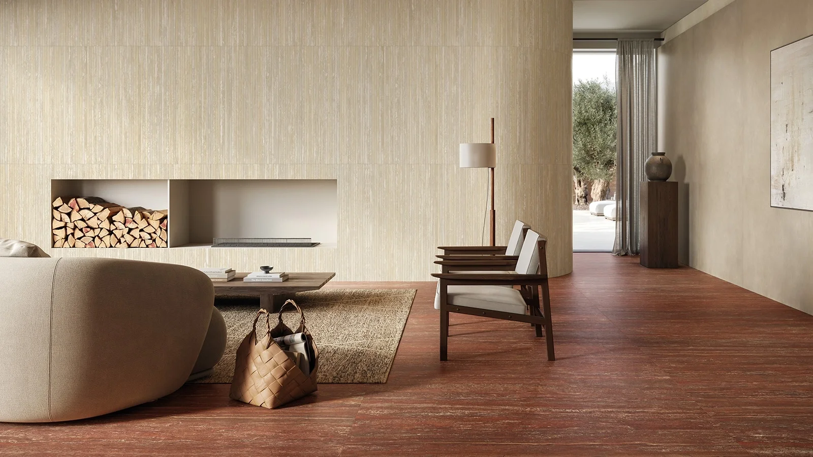 Sophisticated living space featuring the I Travertini collection by Italgraniti, showcasing high-quality Italian porcelain stoneware with distinct travertine effects, available through PietraCasa.