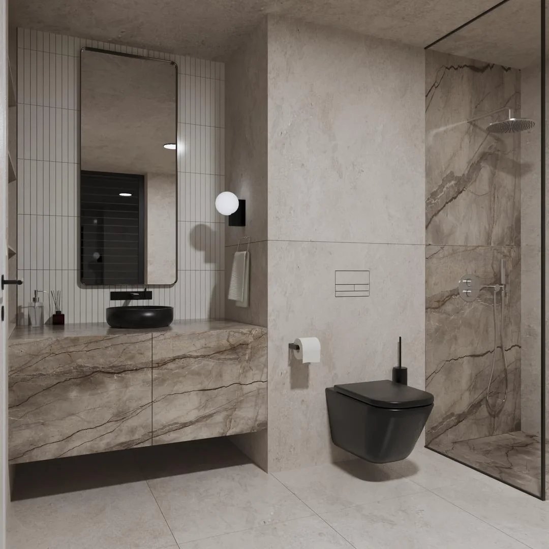 Modern earth-toned bathroom featuring the Clanea PurePlate, an innovative frameless, tileable flush plate that creates a seamless look, supplied and installed by PietraCasa.