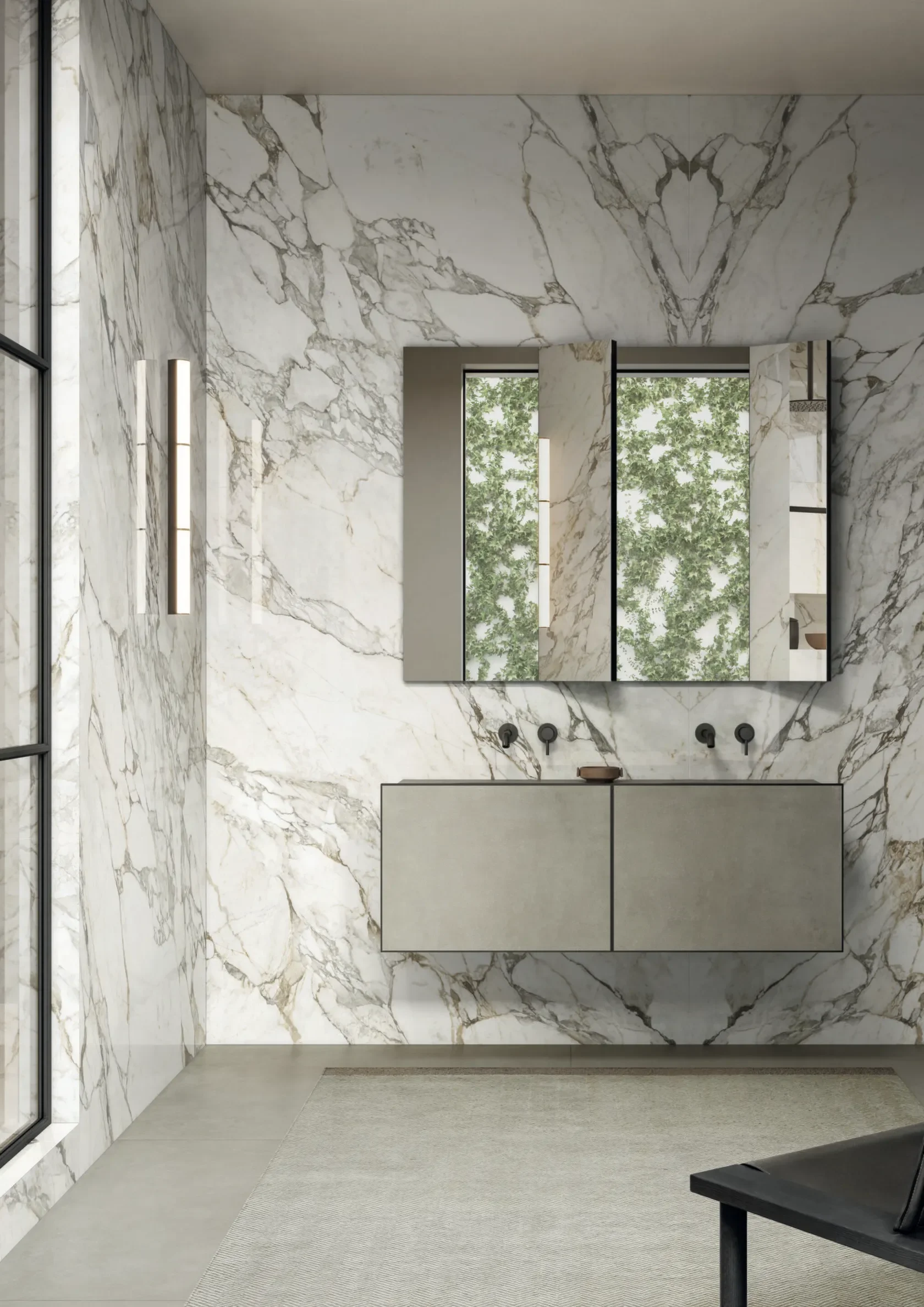 Luxury bathroom featuring the Italstone Calacatta Viola large-format porcelain slab, an antibacterial ceramic reinterpretation of classic Italian Breccia Medicea marble, produced by the Italgraniti Group and available through PietraCasa.