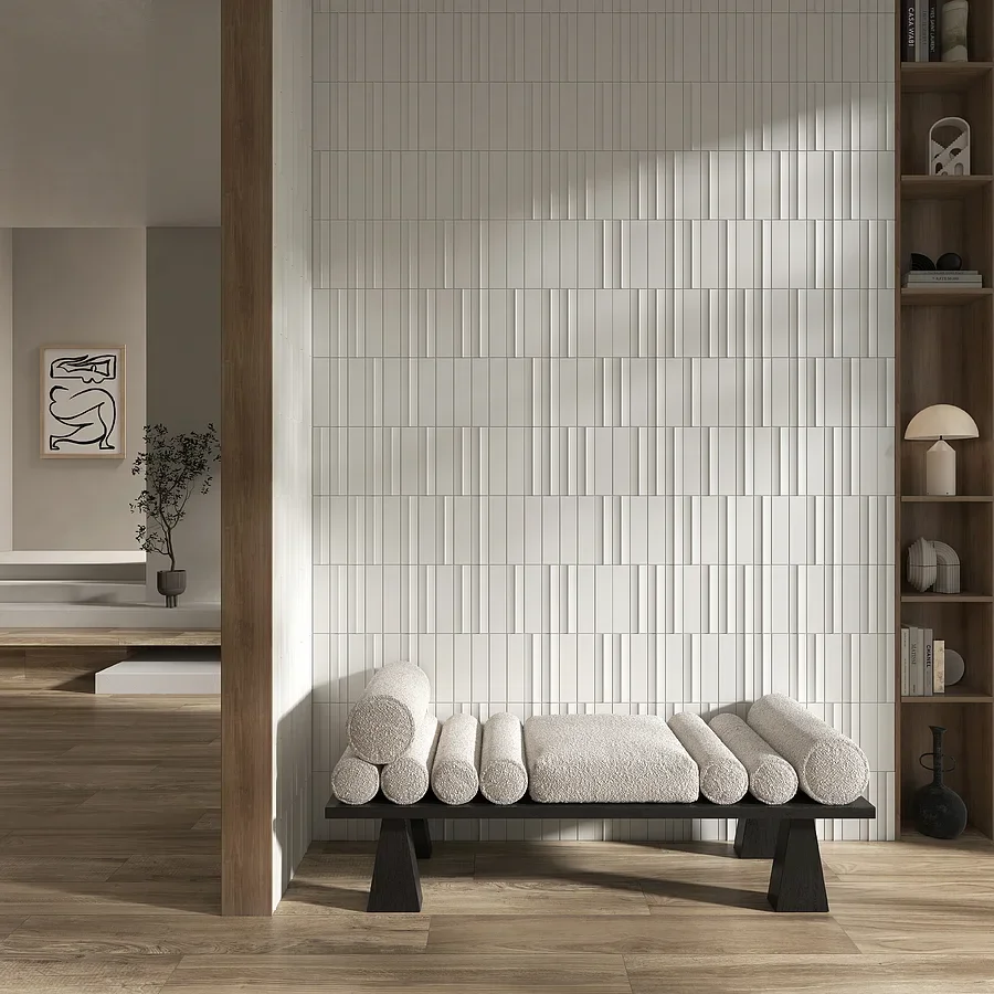 Wall featuring the Sartoria Vibes ceramic tile collection, produced by the Terratinta Group, supplied by PietraCasa.