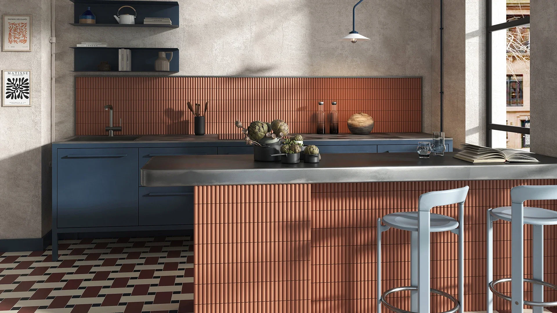 Kitchen backsplash and island clad in the 3D Forms Fluted wall tile collection by Micro, a brand under the Terratinta Group, featuring a warm Klinker/Terracotta ribbed texture, supplied by PietraCasa.