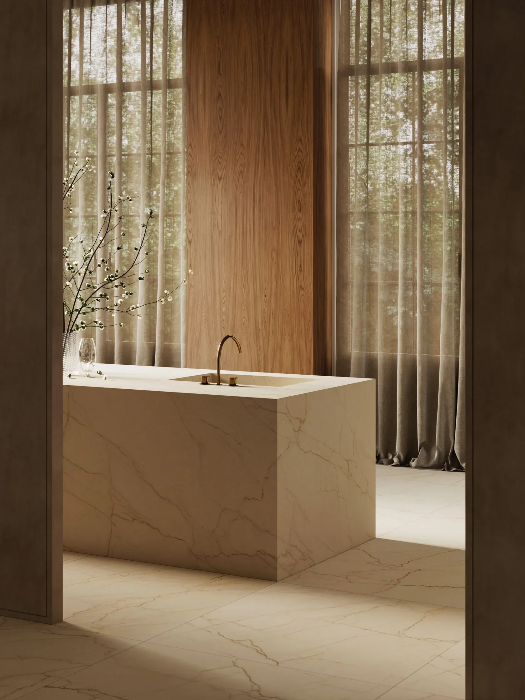 Spa-like bathroom featuring a custom-built, integrated bathtub and matching floor made from Crema Avorio porcelain, elevated by wooden wall panels and sheer curtains, supplied by PietraCasa.