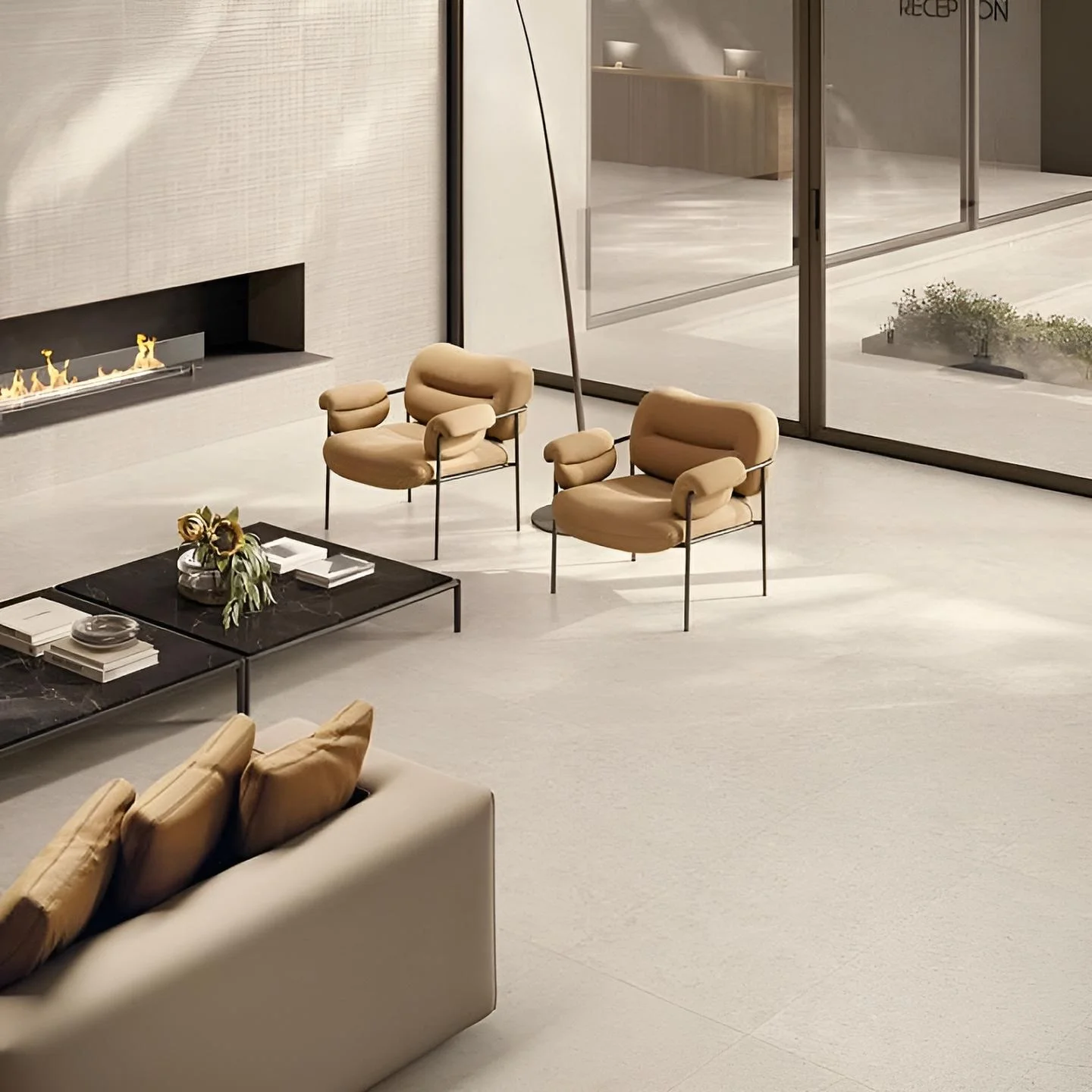 Lounge space featuring the Supergres Moonlit porcelain stoneware collection in Moon Sand, an Italian-made, limestone-effect tile known for its durable, low-maintenance properties and natural, soft-touch matte finish, supplied by PietraCasa.