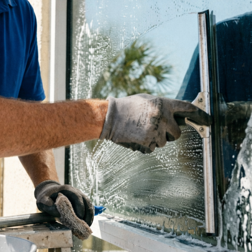 A person is cleaning a large glass window using a squeegee, with soap and water on the glass.