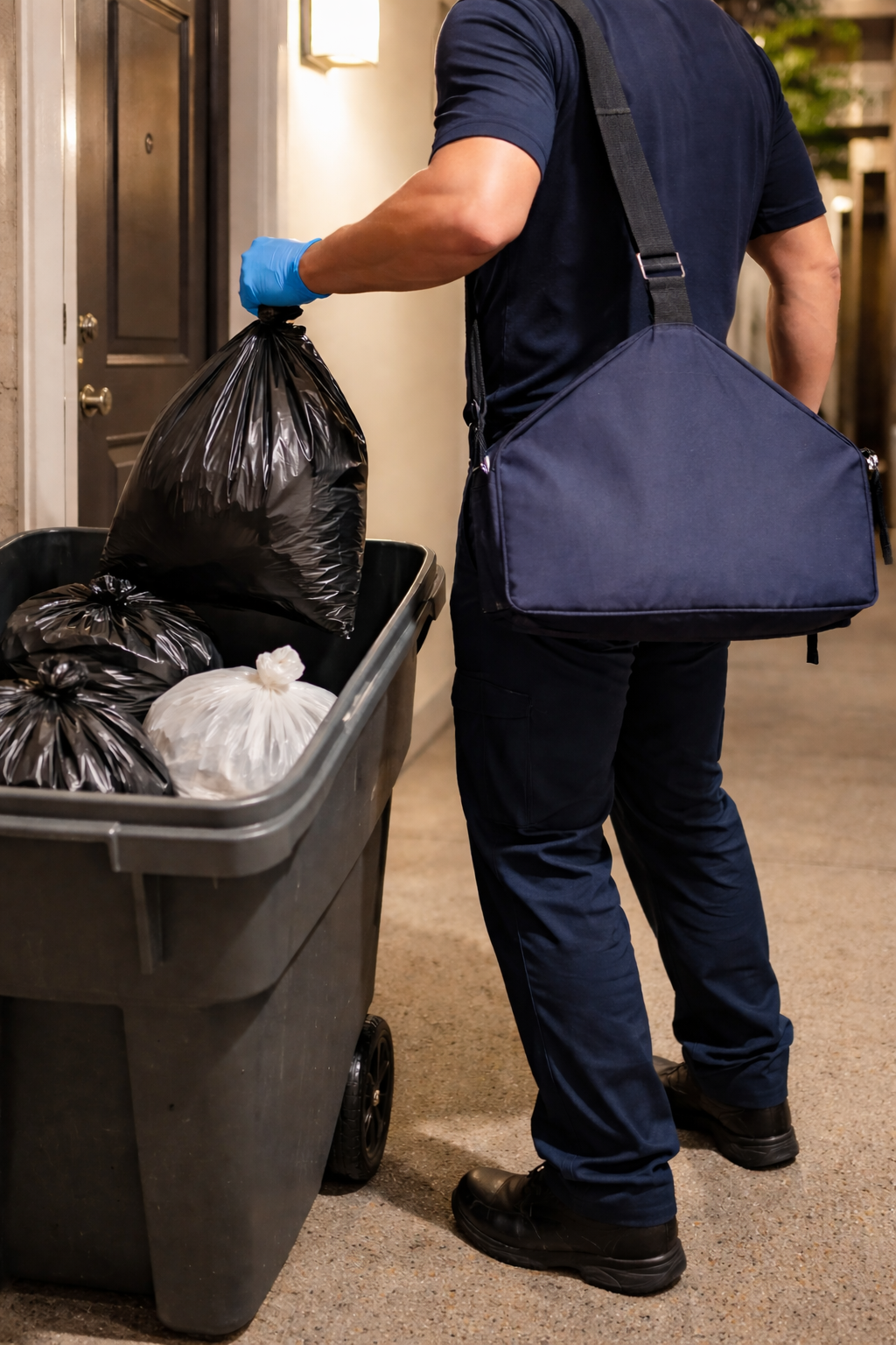 A delivery person wearing black shoes, dark blue pants, and a dark blue shirt, filled with a large navy-blue insulated bag carrying food. The person wears a blue glove on their right hand and is unloading black and clear plastic bags filled with groceries or food items into a gray trash bin.