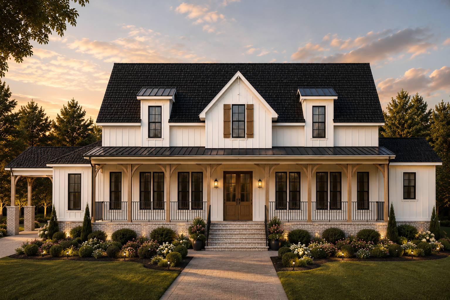 Front view of a two-story white farmhouse with black shutters, a gabled roof, and a spacious porch, surrounded by landscaped garden with bushes and flowers, at sunset.