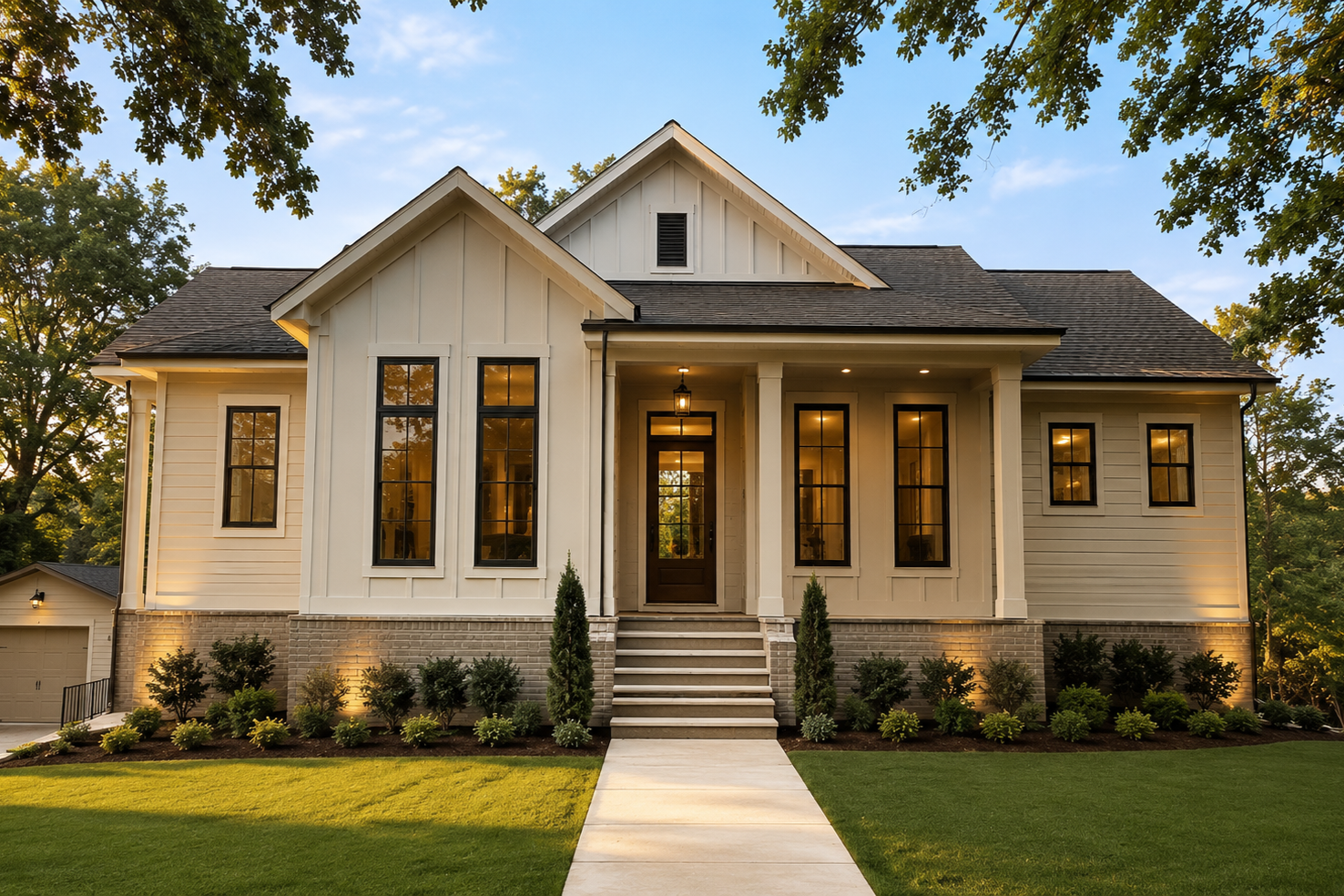A modern two-story house with white siding, brick foundation, and black window frames. It features a front porch with steps leading up, surrounded by landscaped bushes and greenery, during daylight hours.